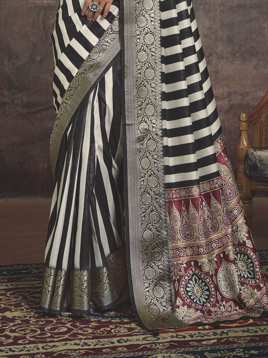 Black and White Art Silk Striped Saree