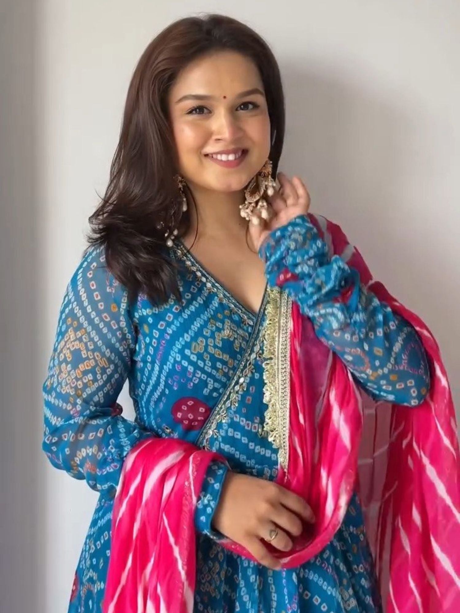Blue Bandhej Print with Lehariya Dupatta Suit Set in Georgette