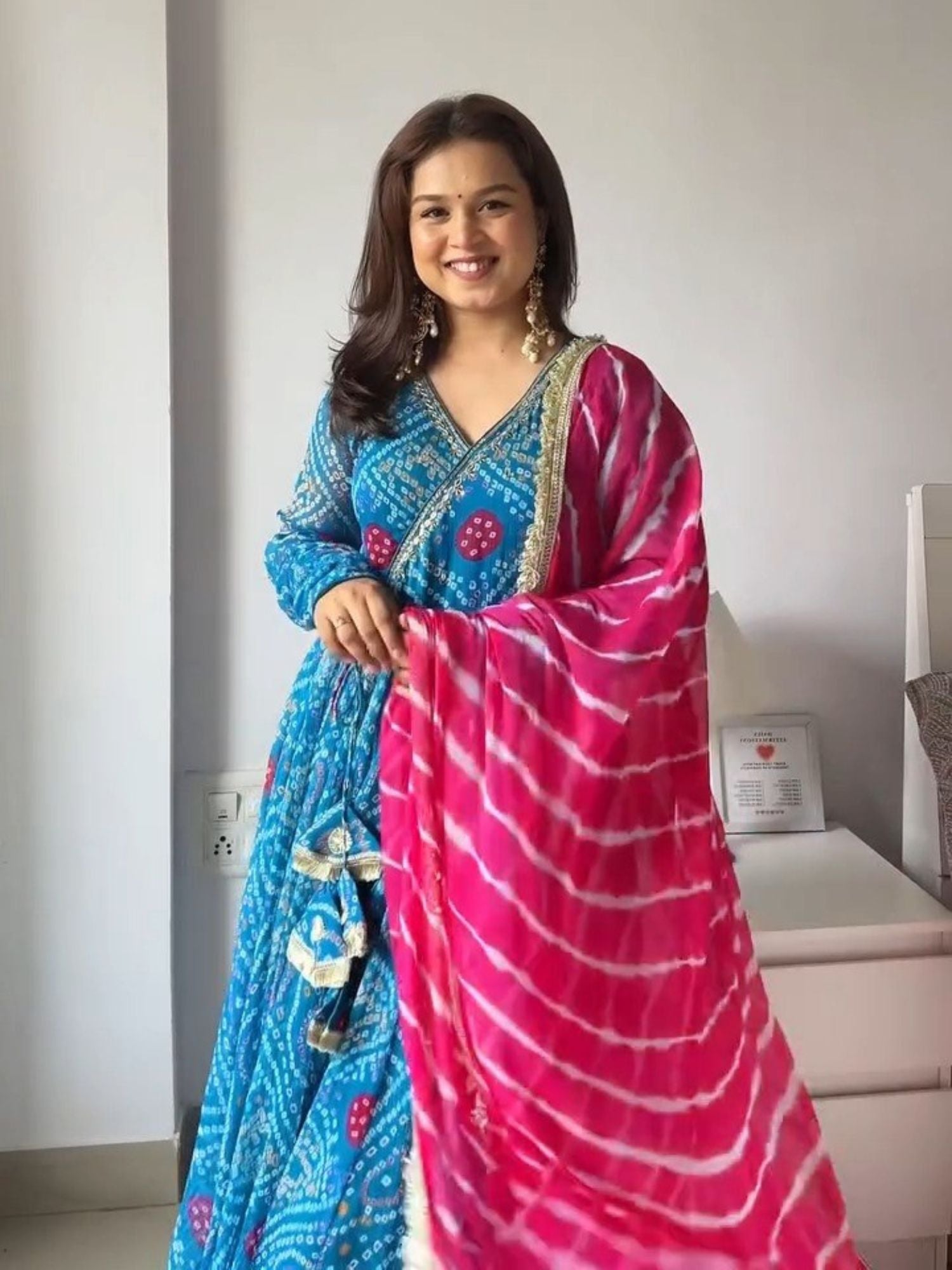 Blue Bandhej Print with Lehariya Dupatta Suit Set in Georgette