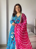 Blue Bandhej Print with Lehariya Dupatta Suit Set in Georgette