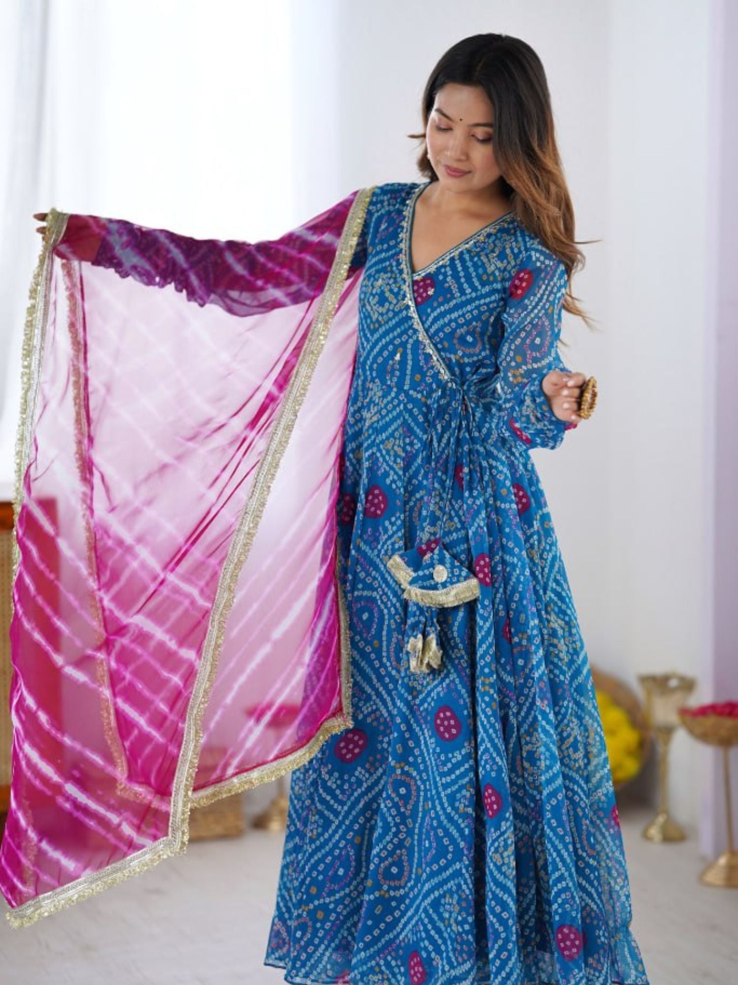 Blue Bandhej Print with Lehariya Dupatta Suit Set in Georgette