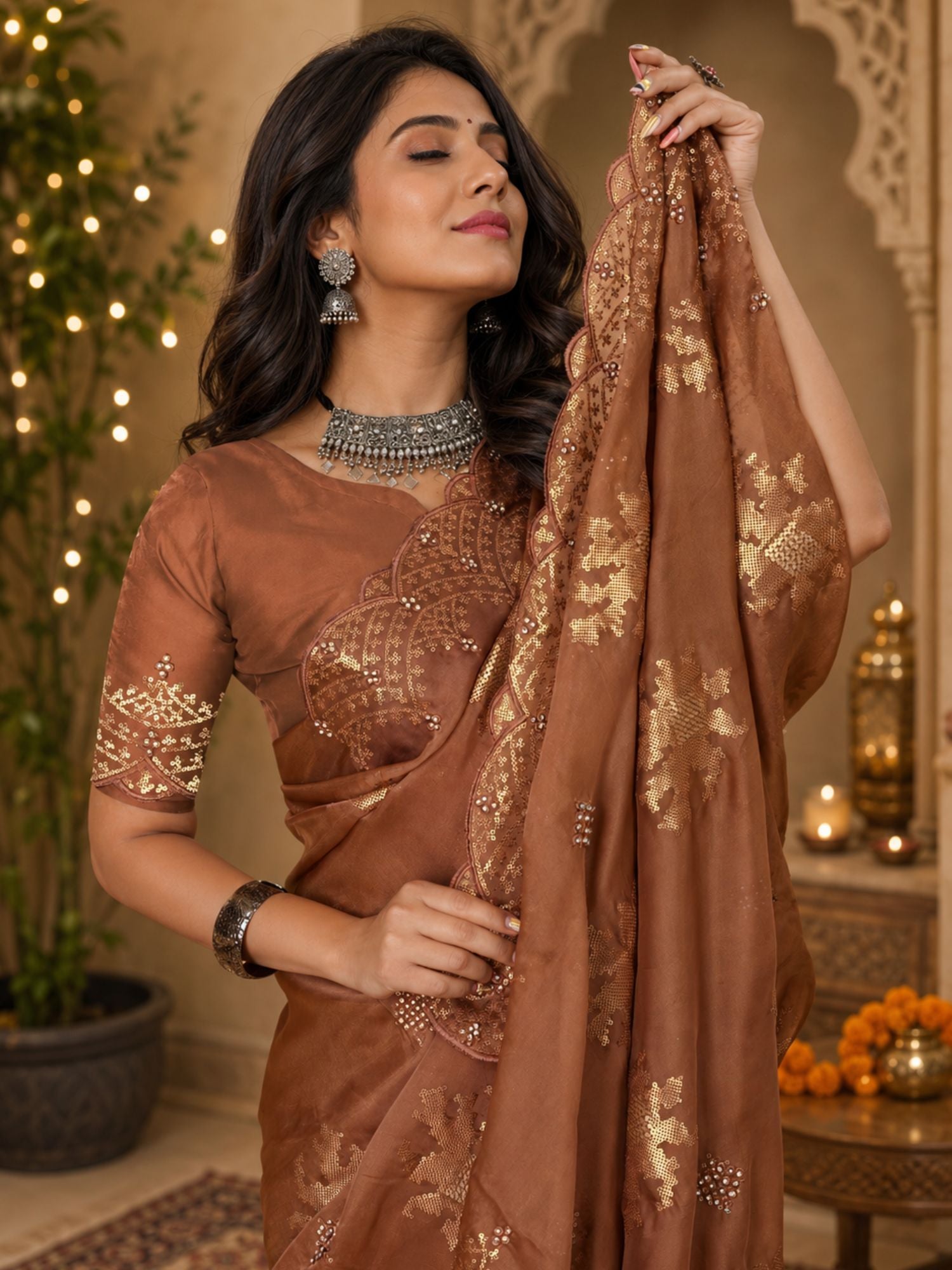 Brown Organza Saree With Sequin Embroidery
