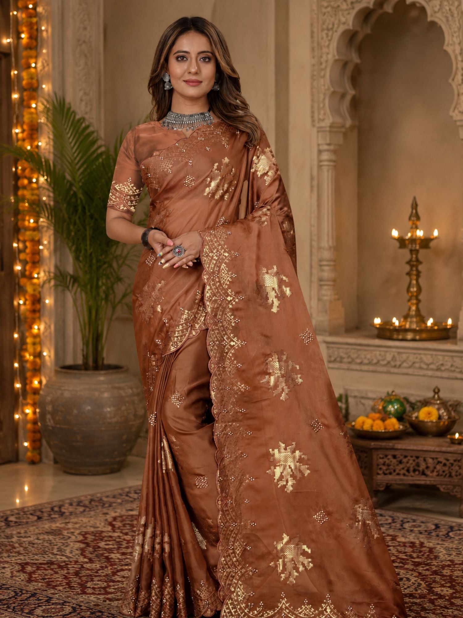 Brown Organza Saree With Sequin Embroidery
