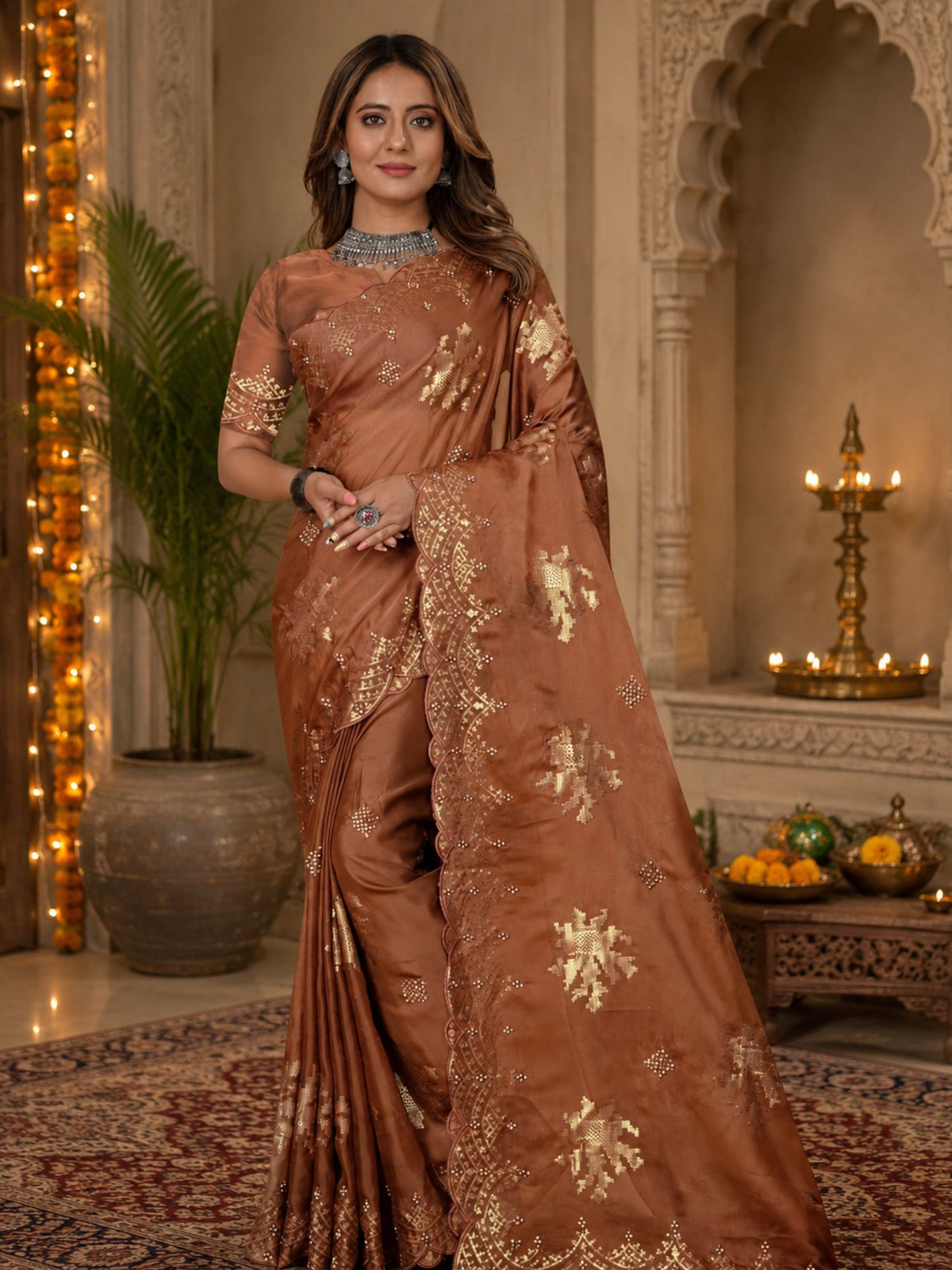 Brown Organza Saree With Sequin Embroidery