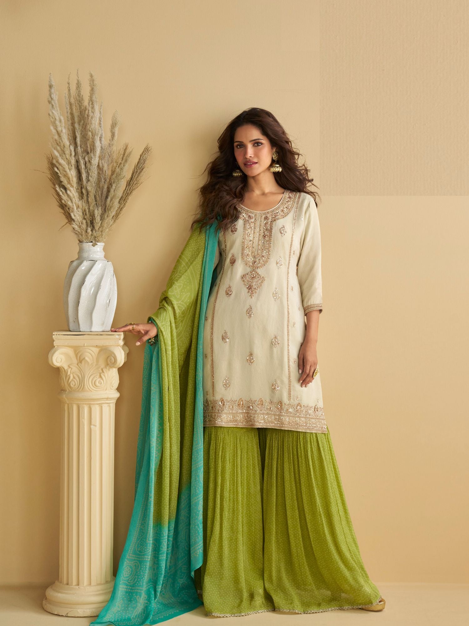 Cream Embroidered Kurta with Green Sharara Suit