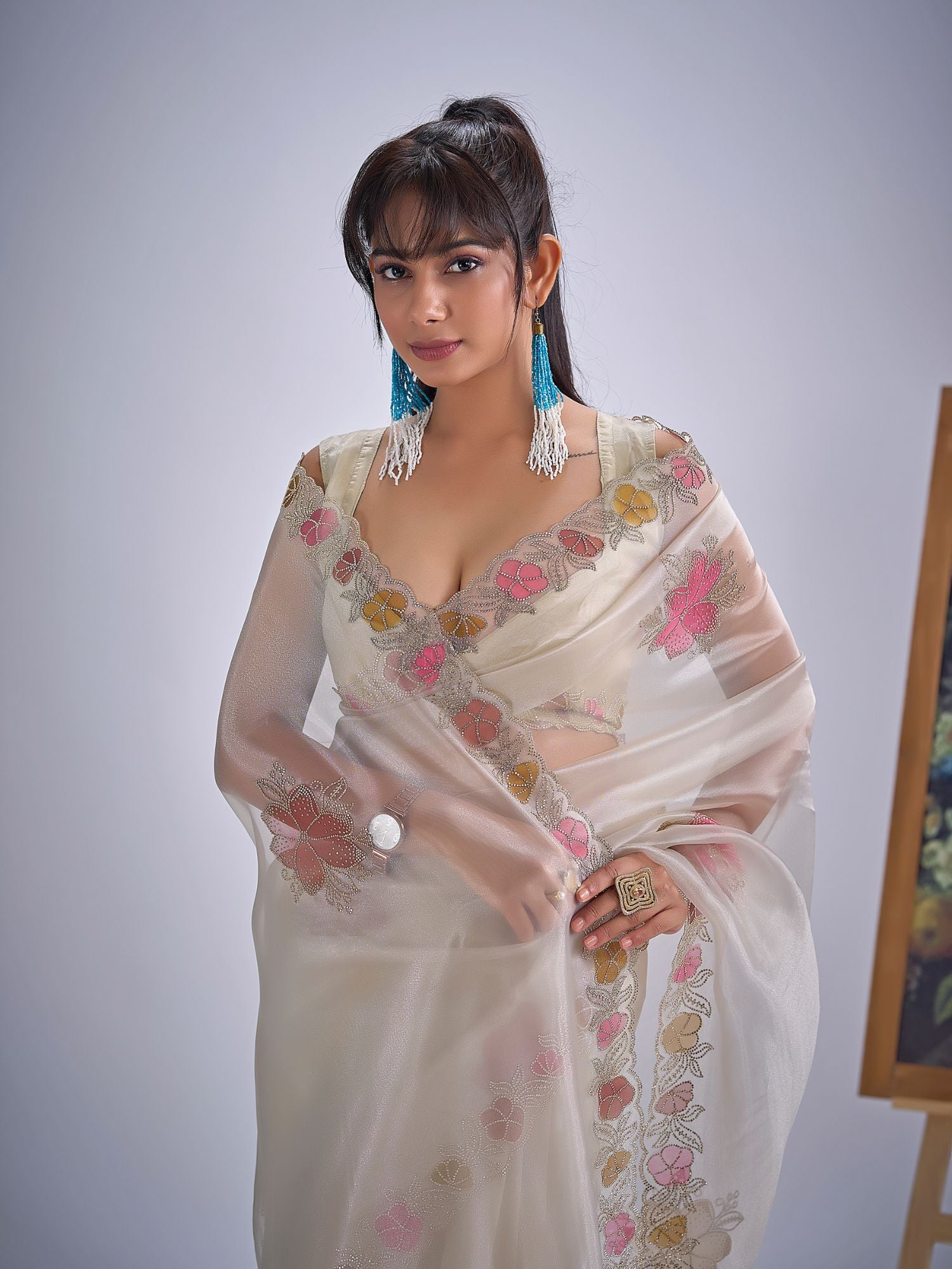 Floral Embroidered Organza Saree in Cream
