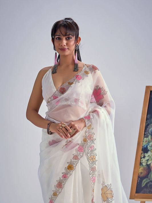 White Organza Saree With Floral Embroidery