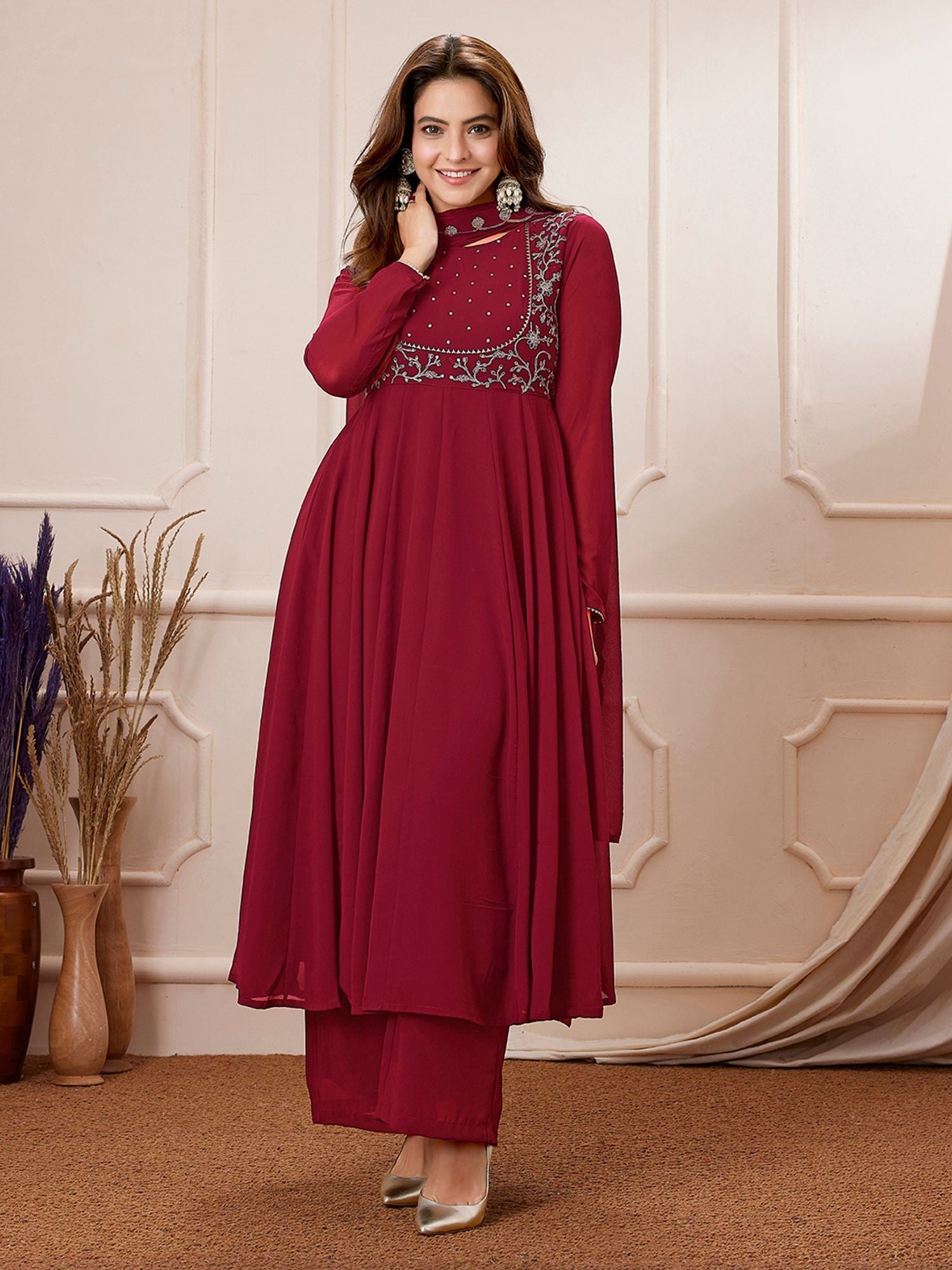 Red Elegance  Embroidered Georgette Anarkali Suit Set