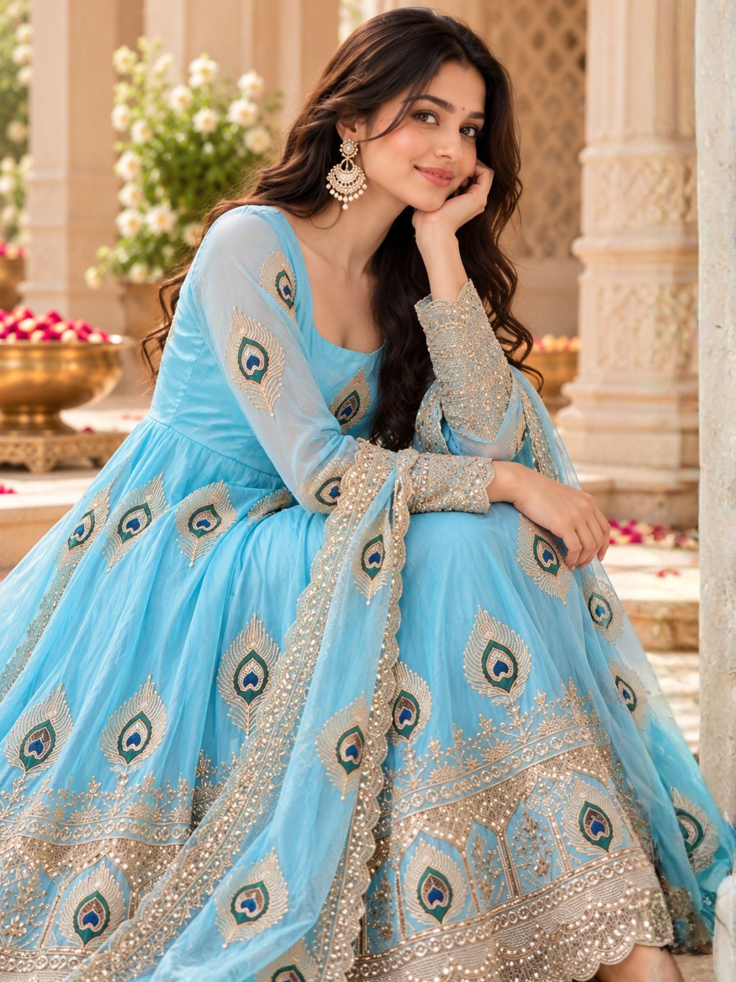 Sky Blue Embroidered Festive Anarkali Suit