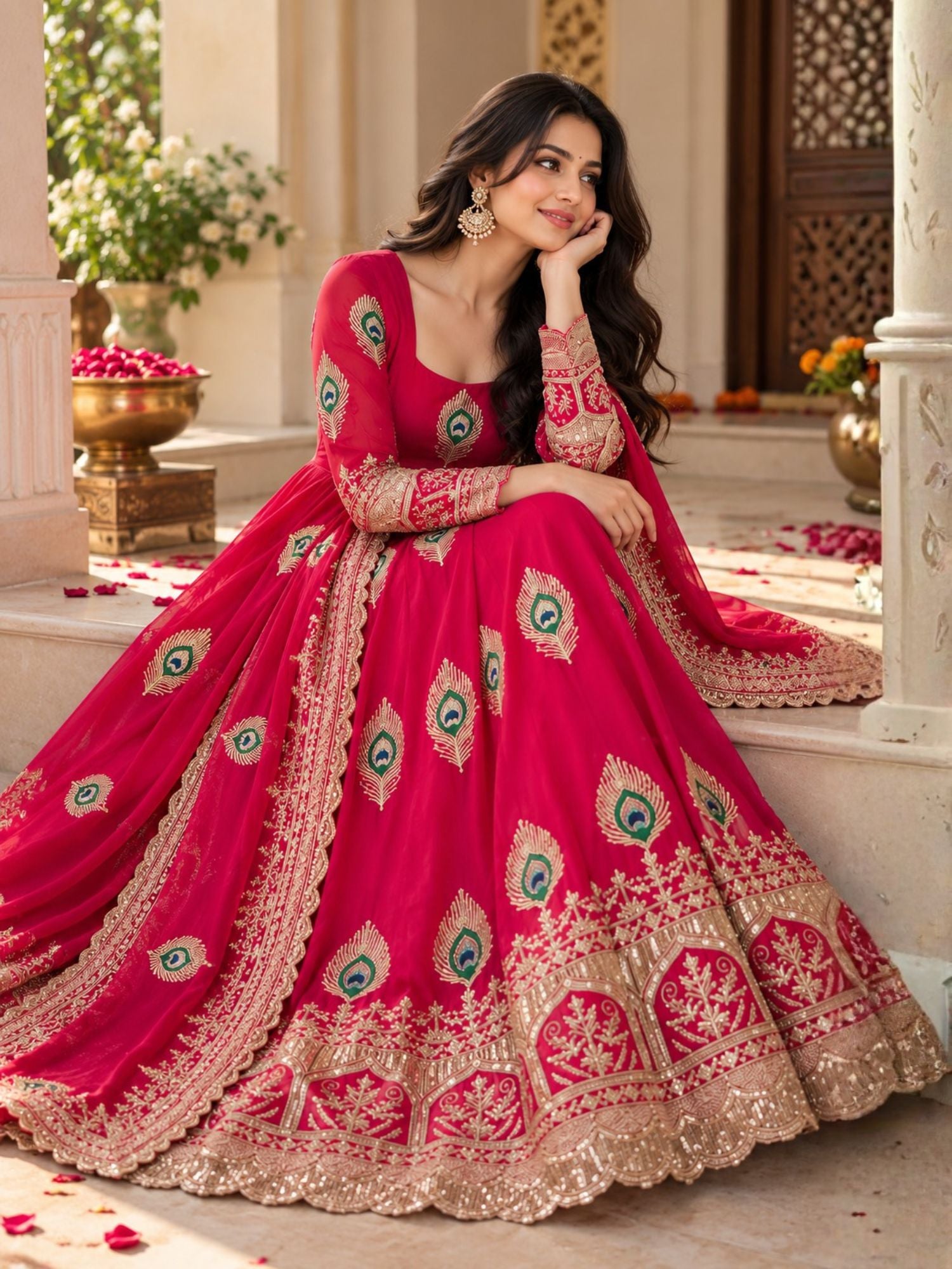 Rani Pink Embroidered Anarkali Suit in Art Silk