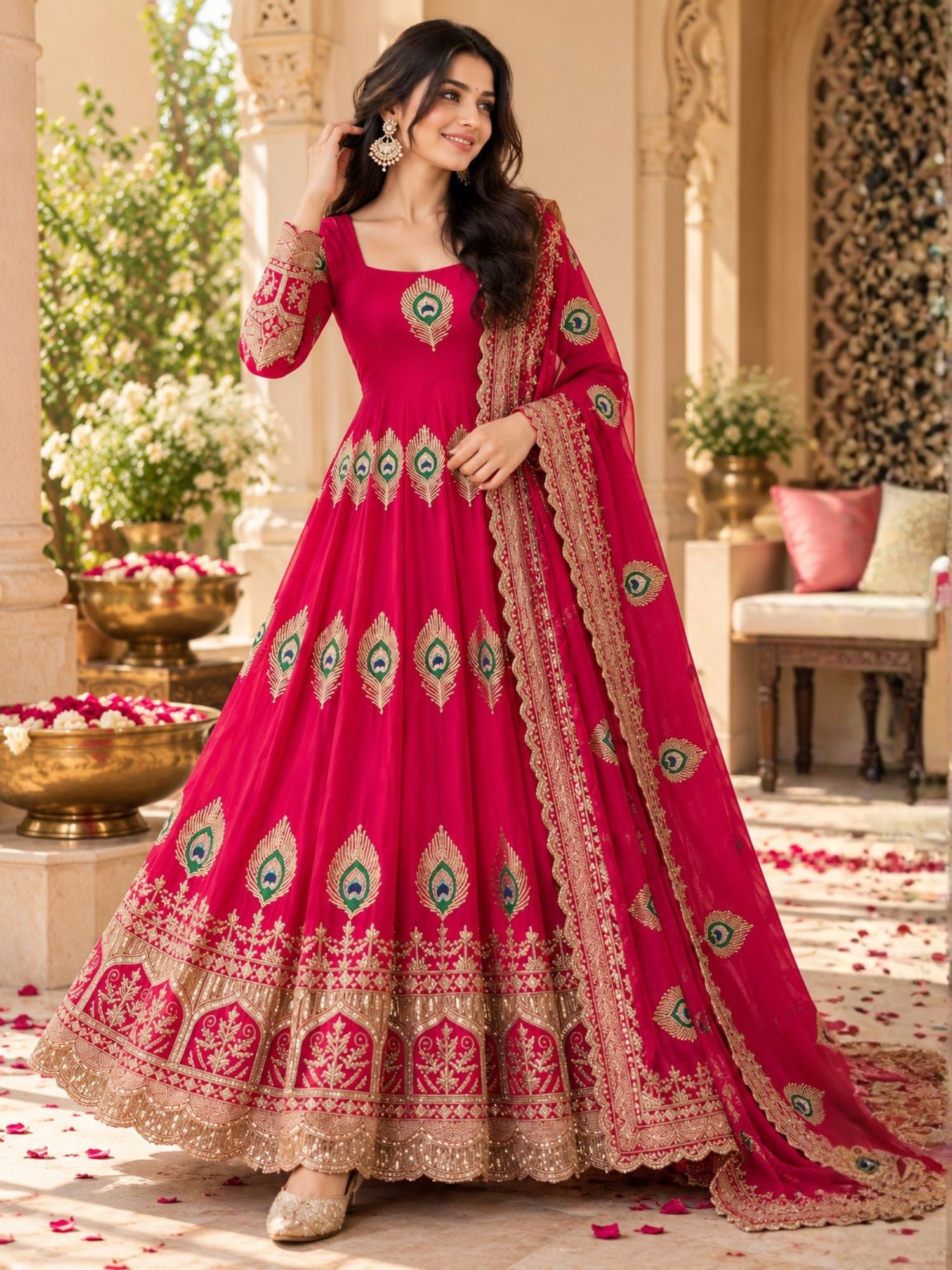 Rani Pink Embroidered Anarkali Suit in Art Silk