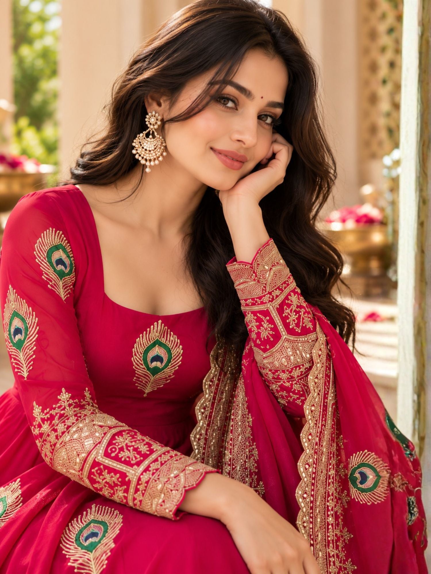 Rani Pink Embroidered Anarkali Suit in Art Silk