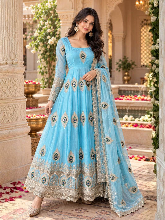 Sky Blue Embroidered Festive Anarkali Suit