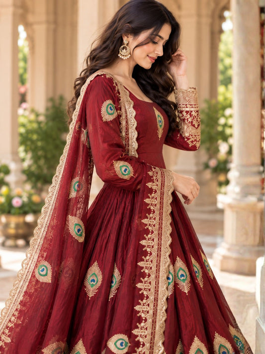 Maroon Embroidered Art Silk Anarkali Suit