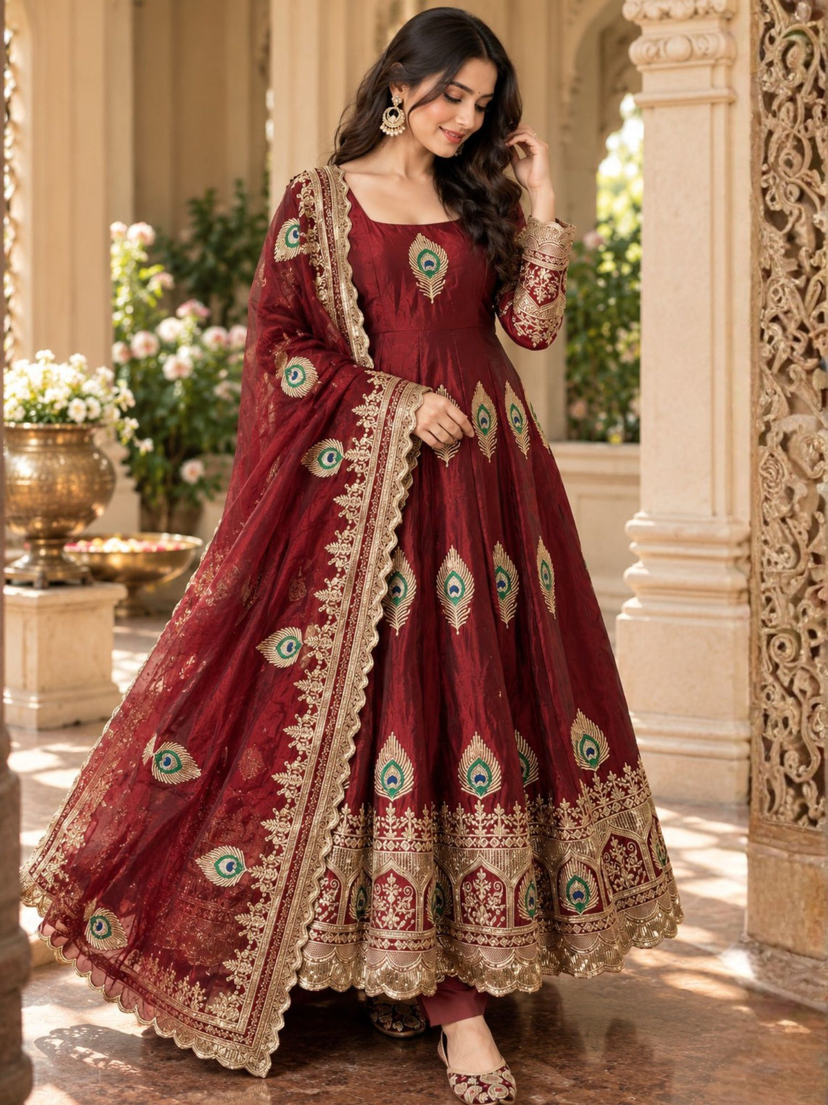 Maroon Embroidered Art Silk Anarkali Suit
