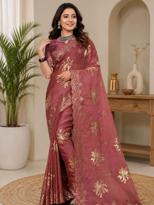 Dusty Pink Organza Saree with Sequin Embroidery