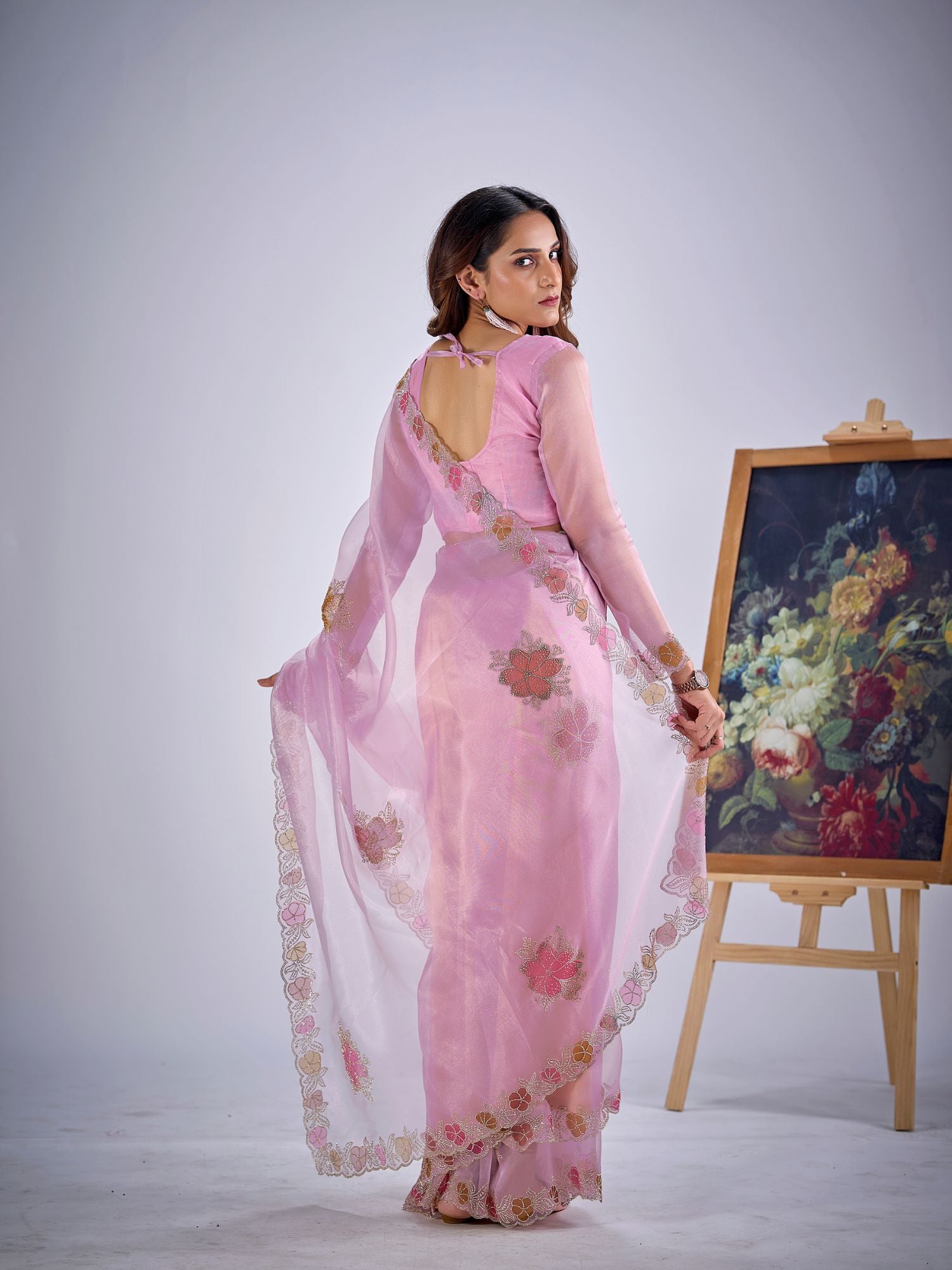Festive Pink Organza Saree With Embroidery