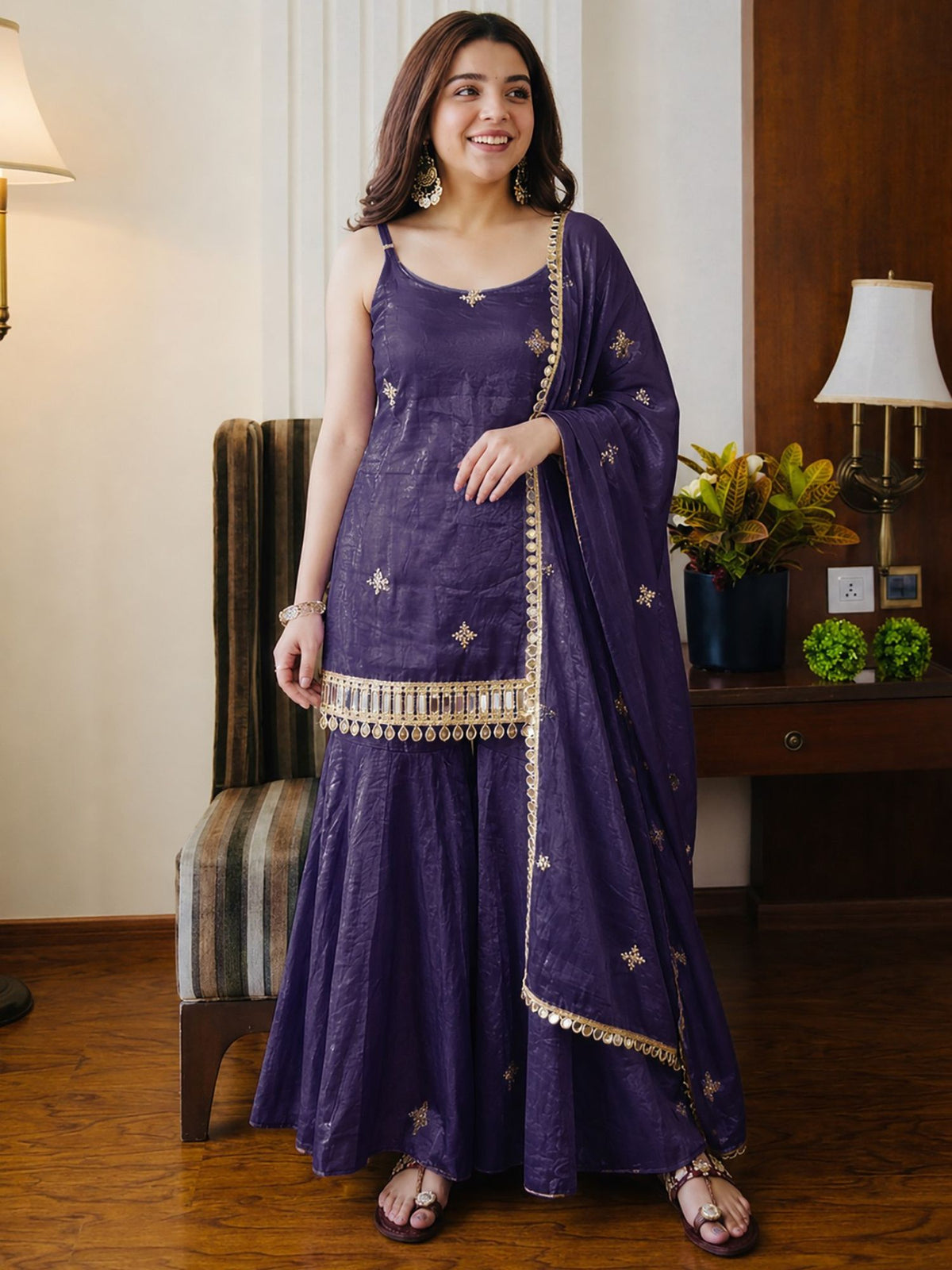 Festive Purple Embroidered Sharara Set with Dupatta