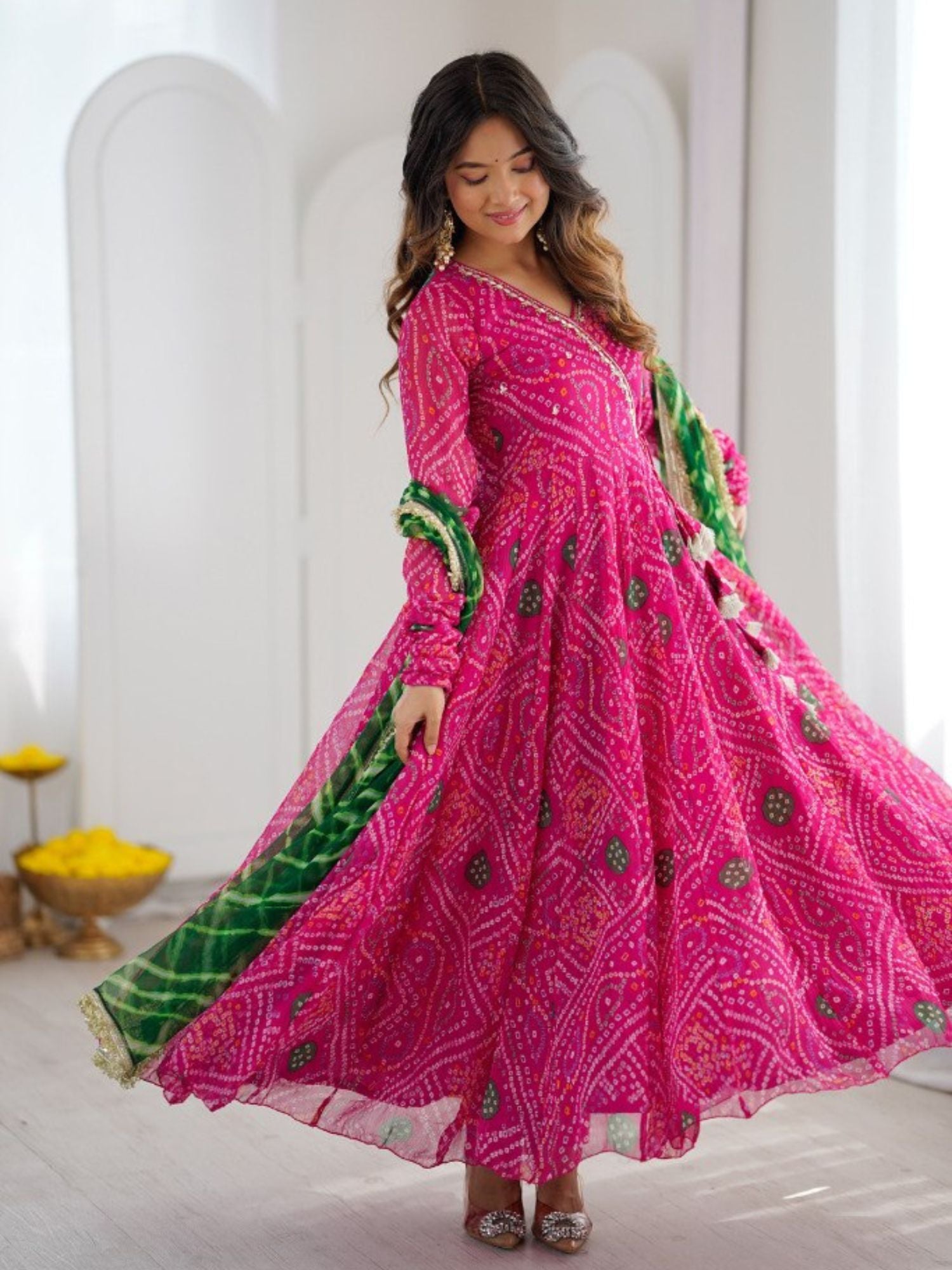 Festive Pink Bandhej Angrakha Suit Set in Georgette