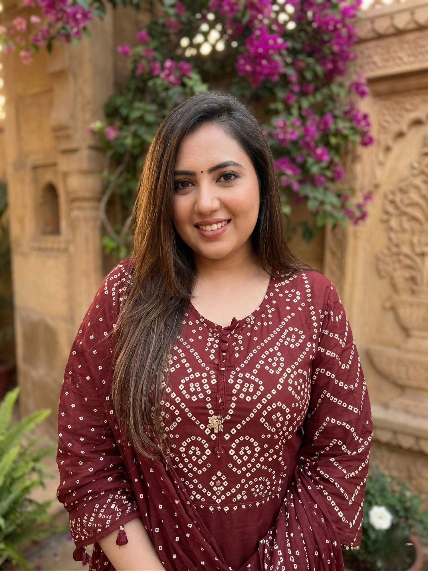 Marron Bandhej Printed Readymade Suit Set