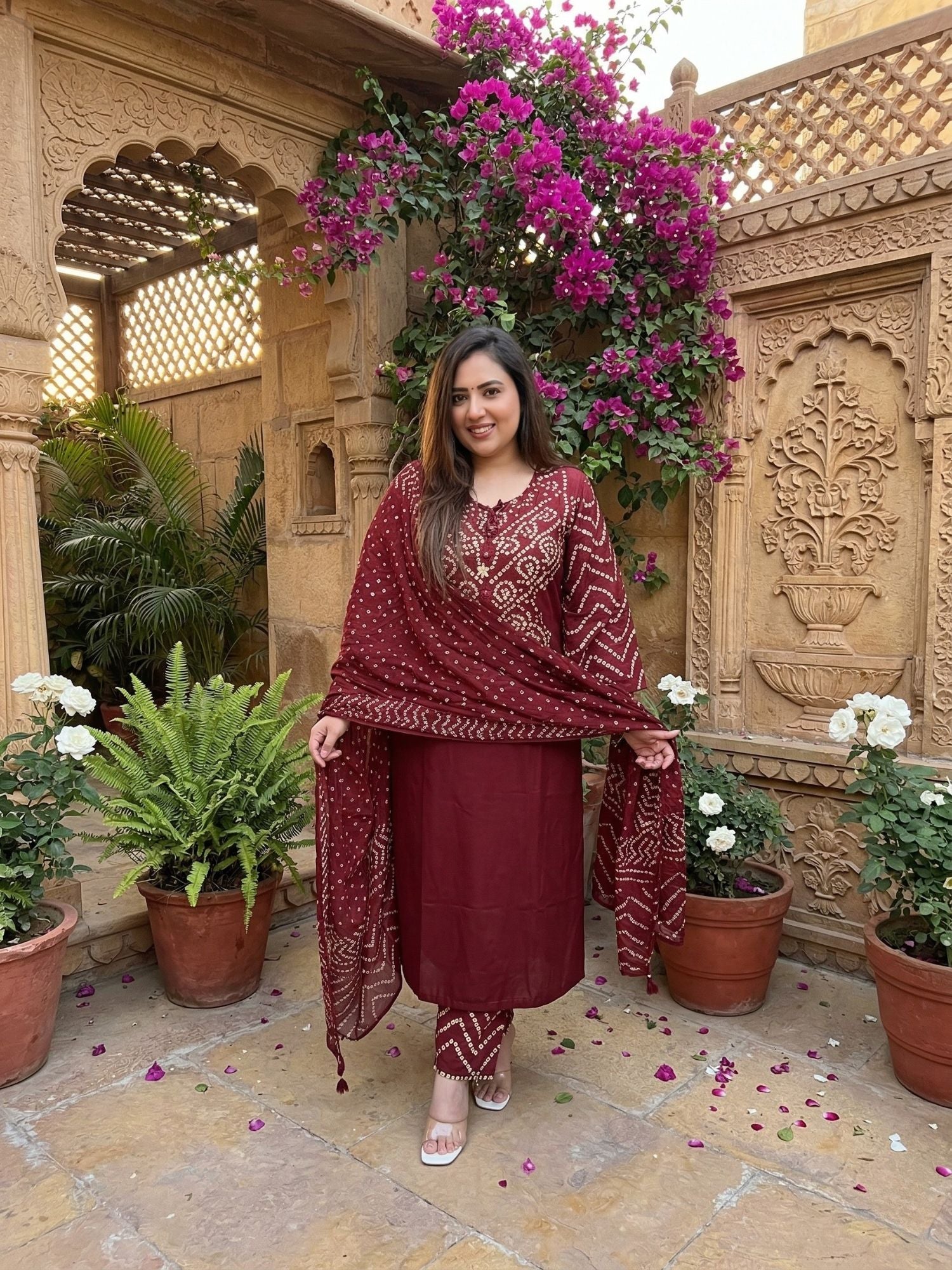 Marron Bandhej Printed Readymade Suit Set