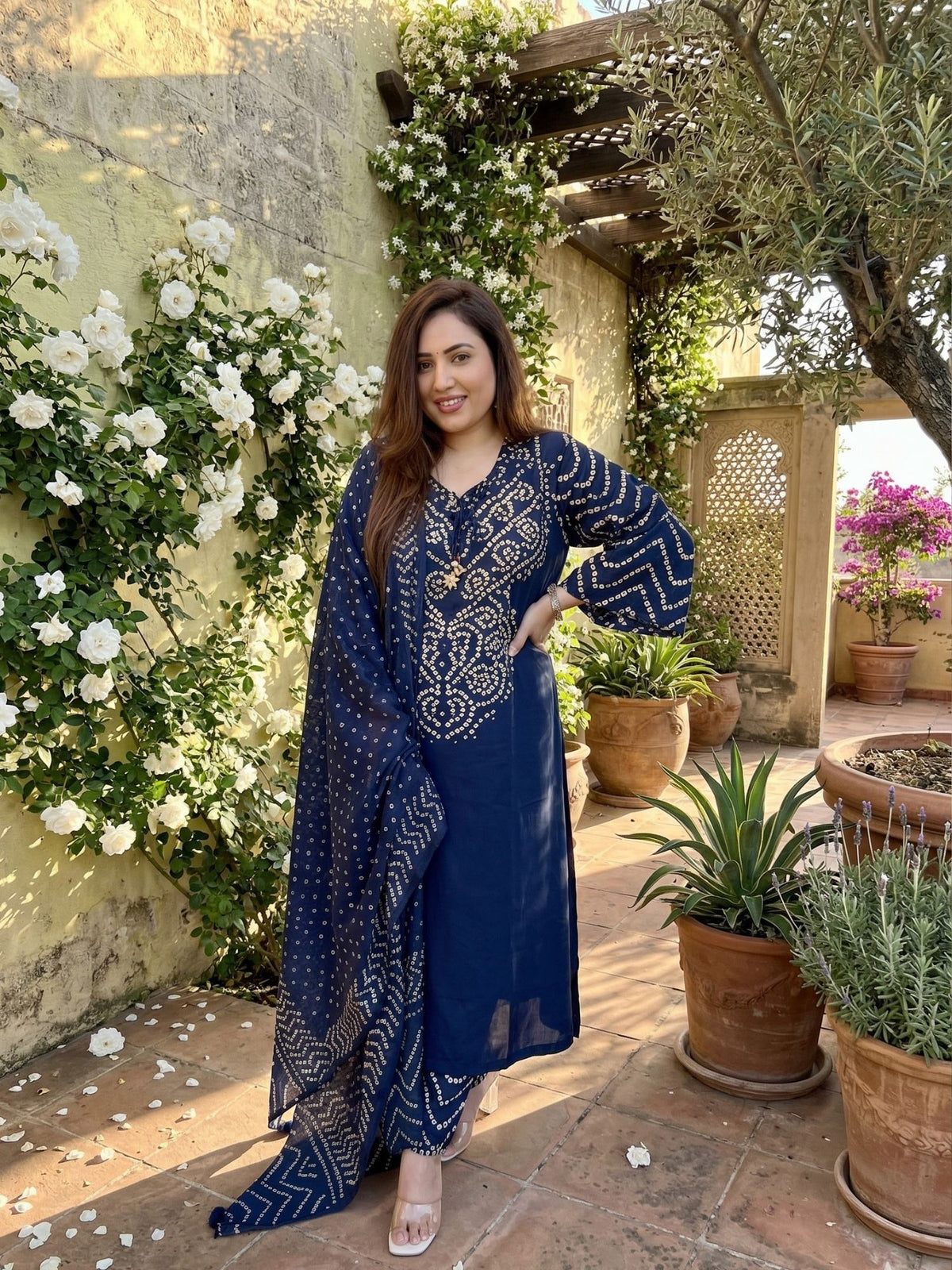 Navy Blue Bandhej Printed Salwar Kameez