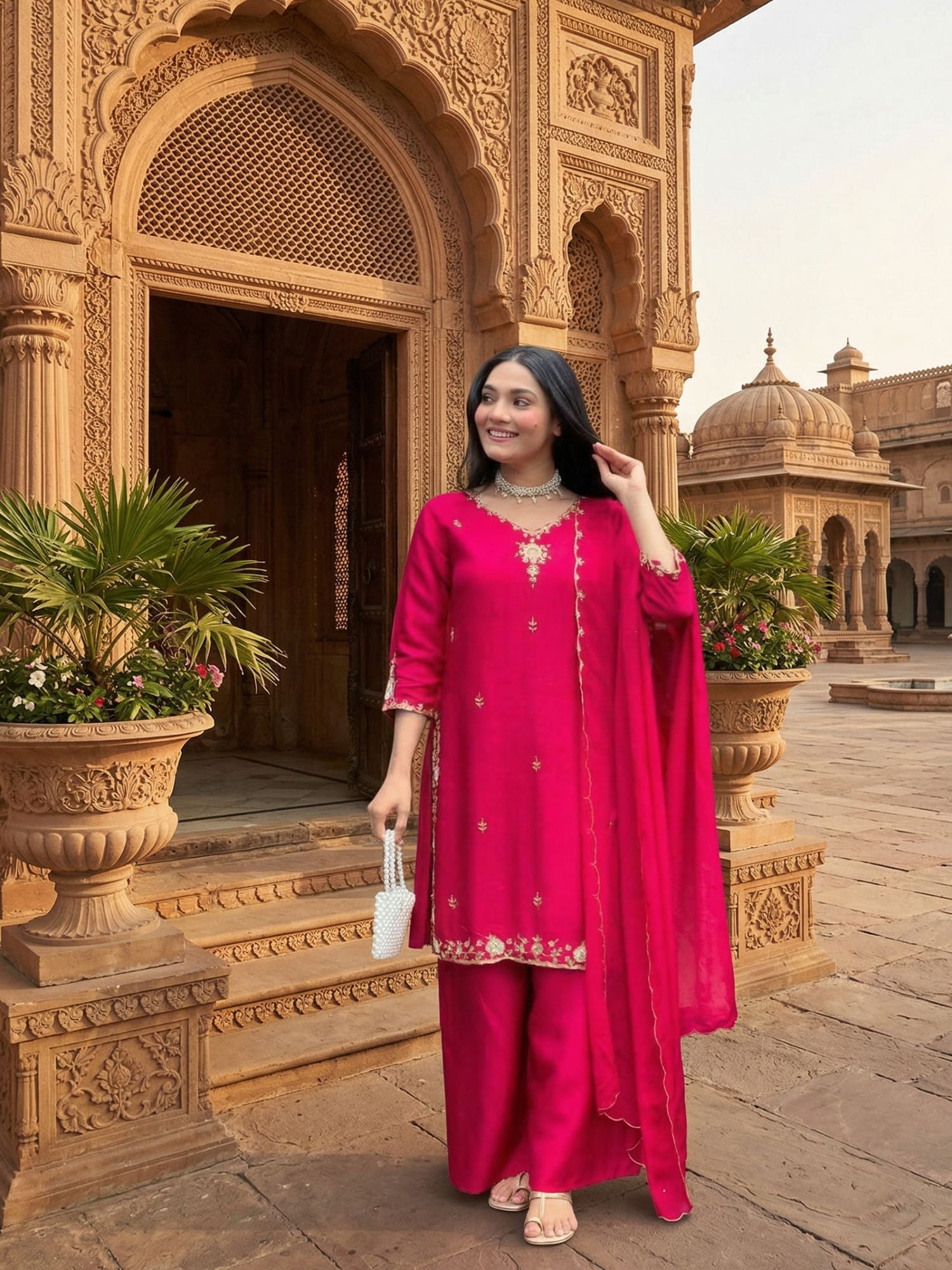 Rani Pink Embroidered Palazzo Suit Set