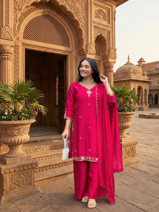 Rani Pink Embroidered Palazzo Suit Set