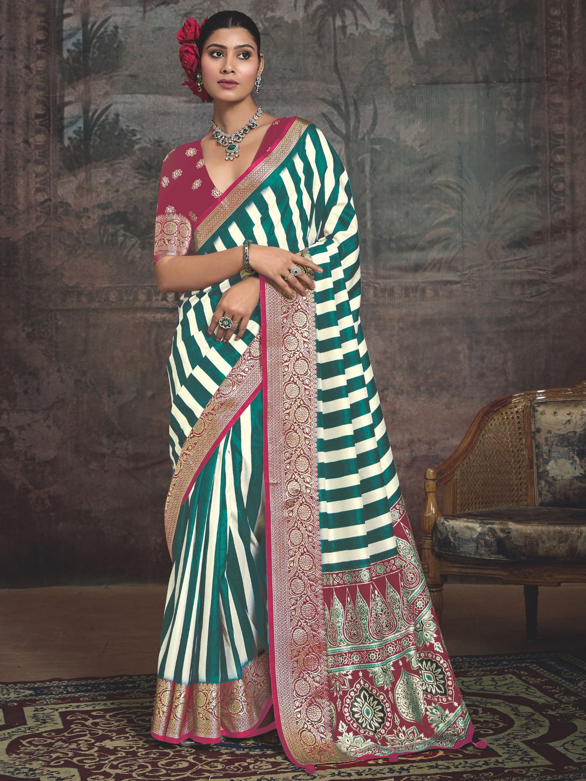 Green Art Silk Striped Saree