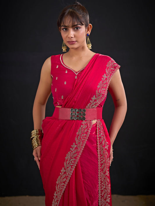 Hot Pink Party Wear Art Silk Belted Saree