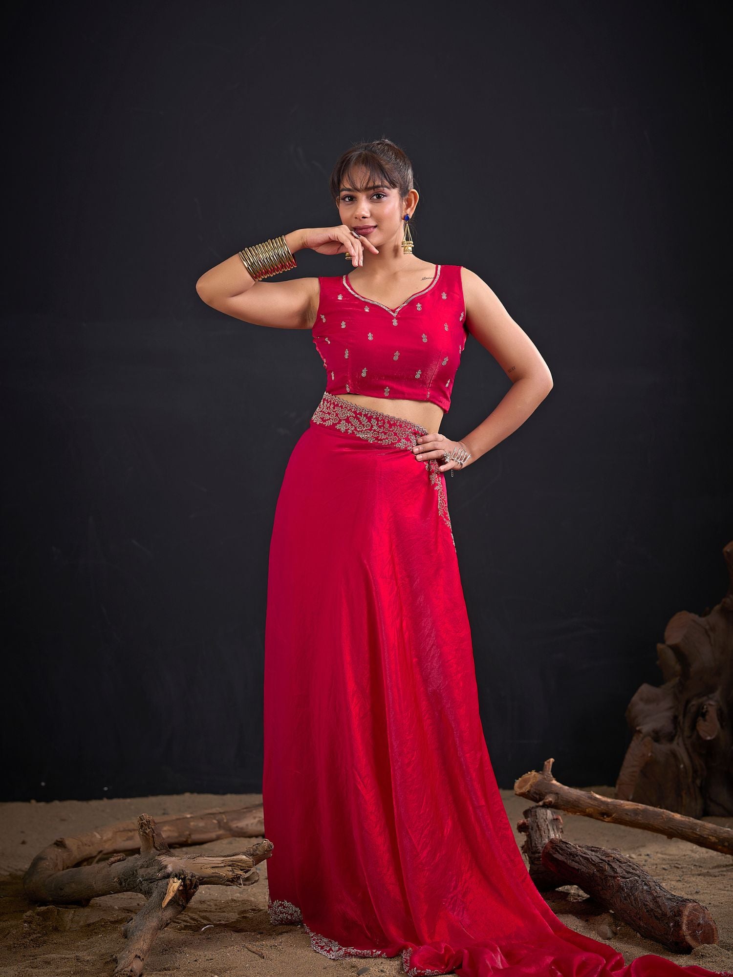 Hot Pink Party Wear Art Silk Belted Saree