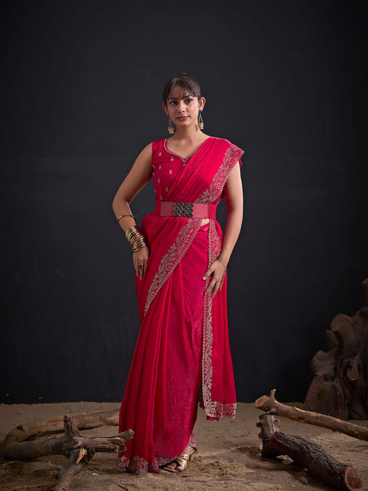 Hot Pink Party Wear Art Silk Belted Saree