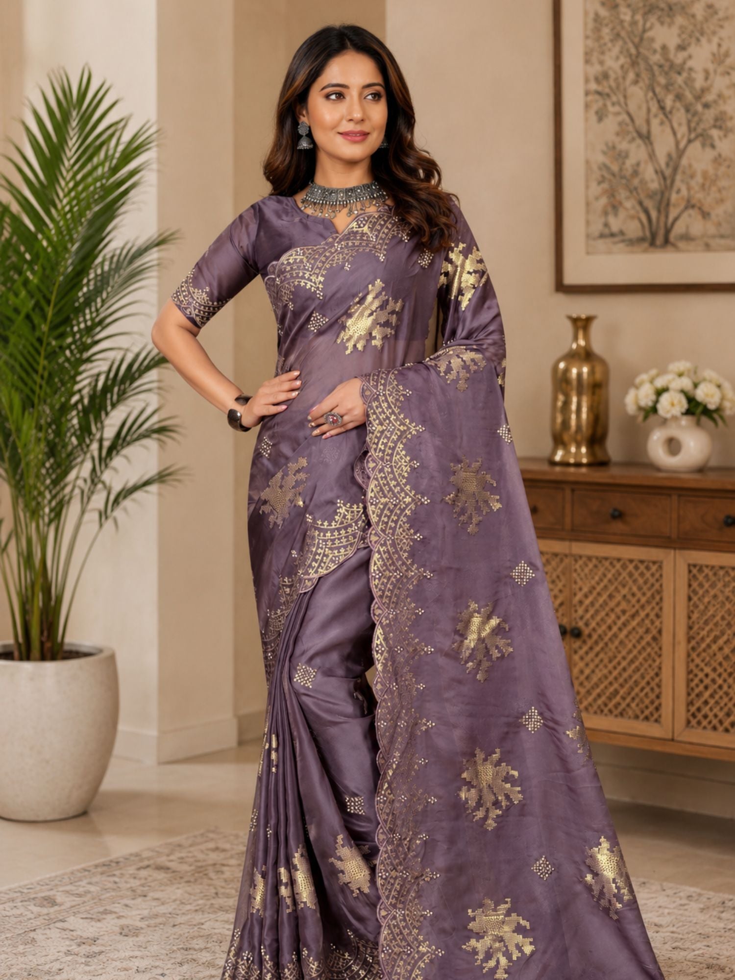 Lavender Organza Saree With Sequin Embroidery