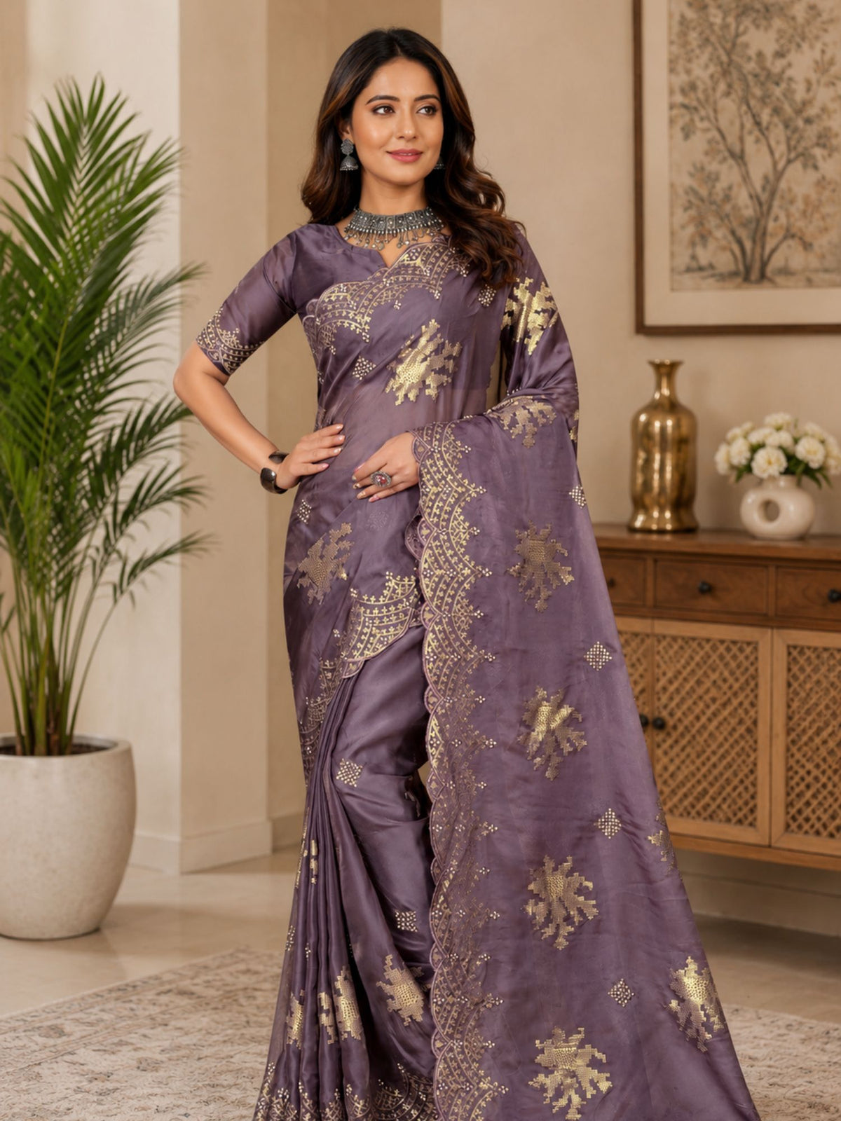 Lavender Organza Saree With Sequin Embroidery