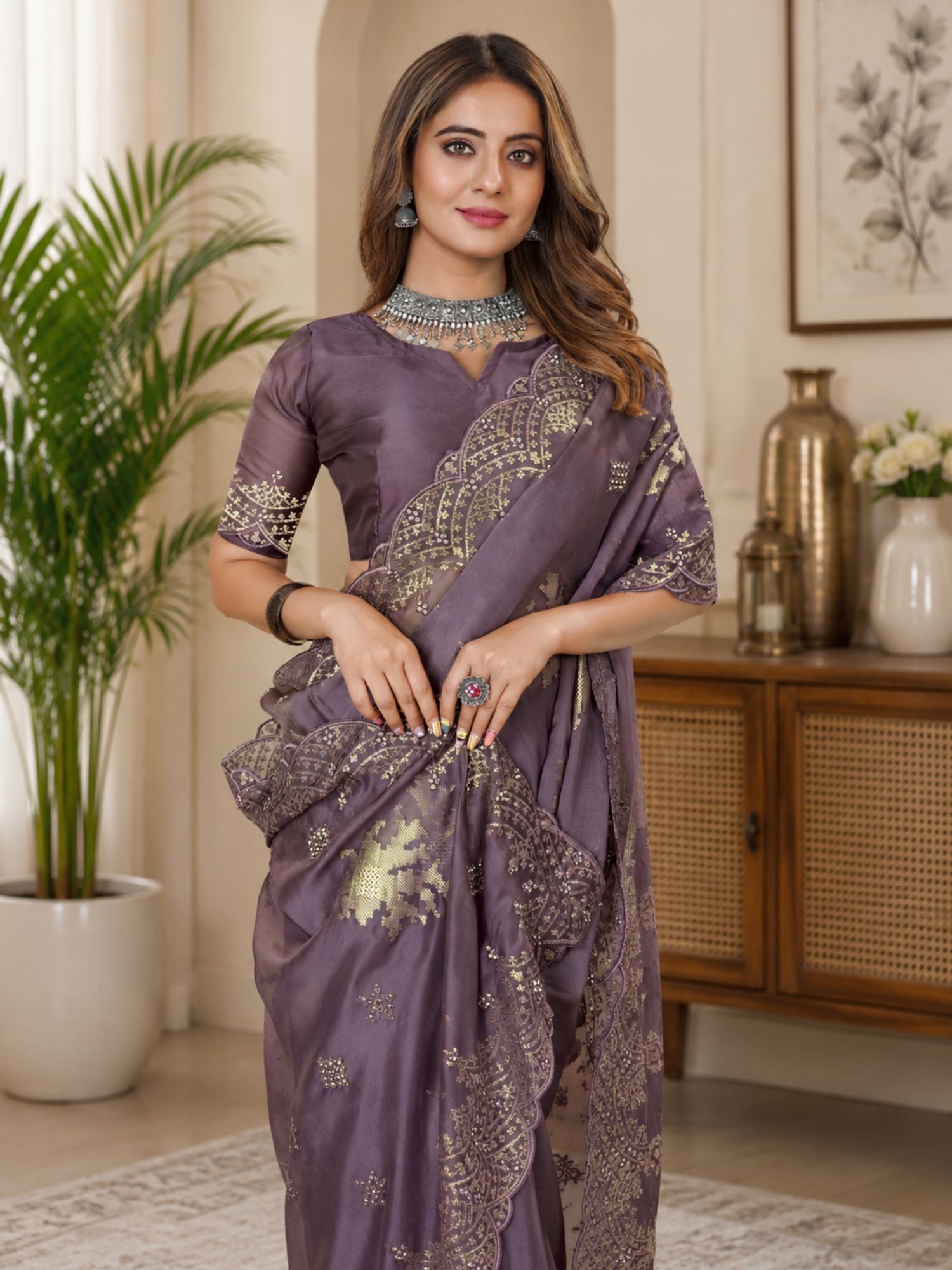Lavender Organza Saree With Sequin Embroidery