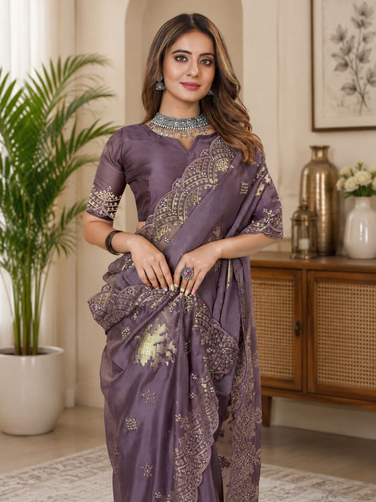 Lavender Organza Saree With Sequin Embroidery