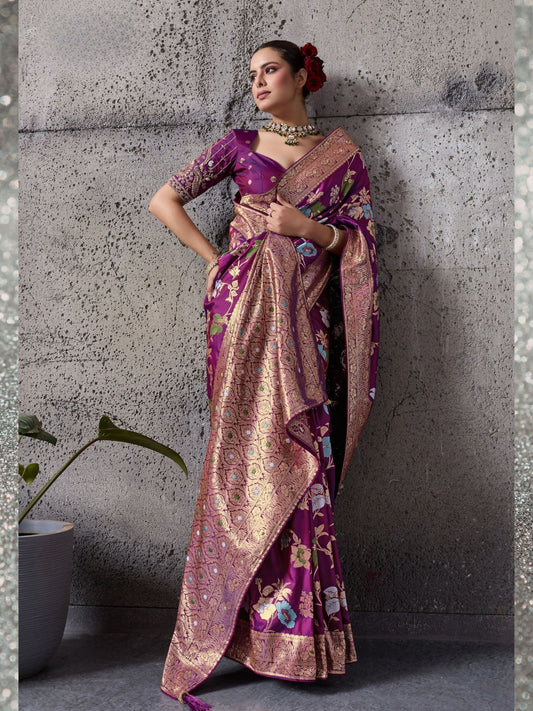 Magenta Silk Woven Banarasi Saree