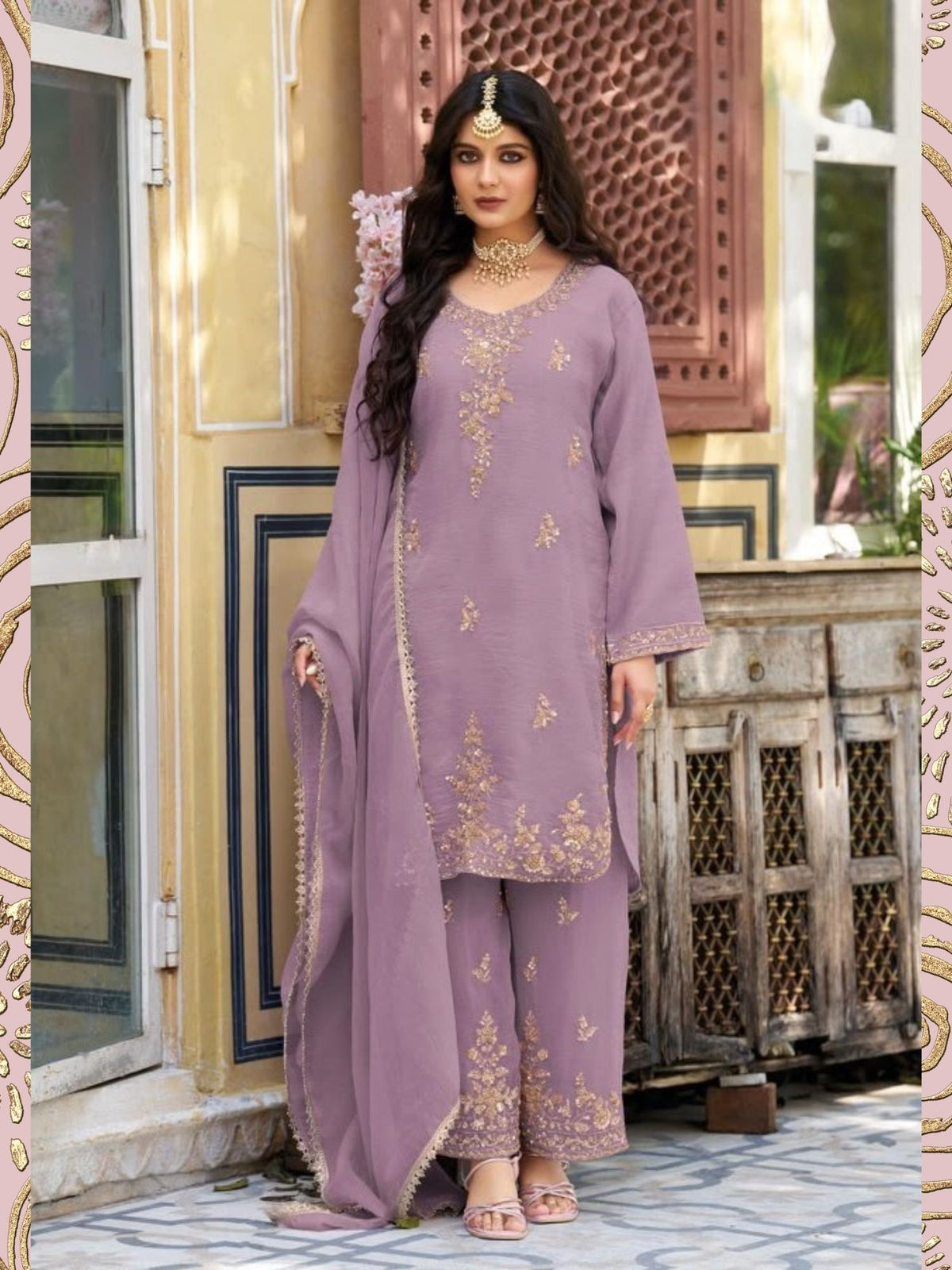 Lavender Embroidered Pakistani Suit Set with Dupatta