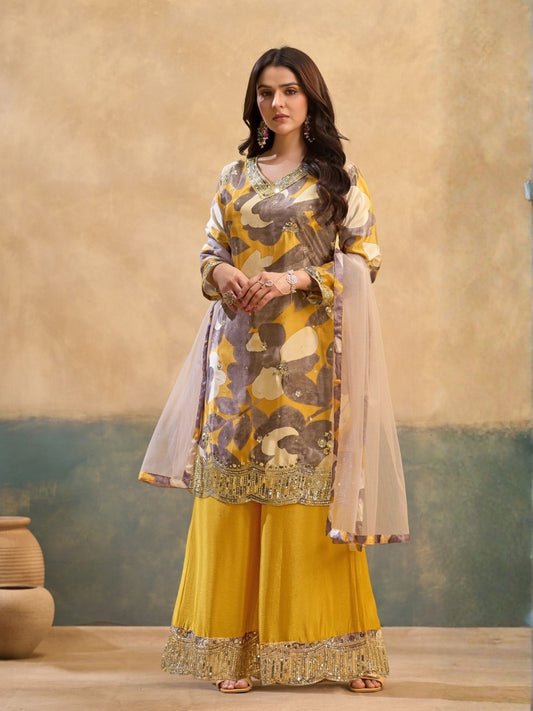 Mustard Printed Embellished Palazzo Suit Set with Dupatta