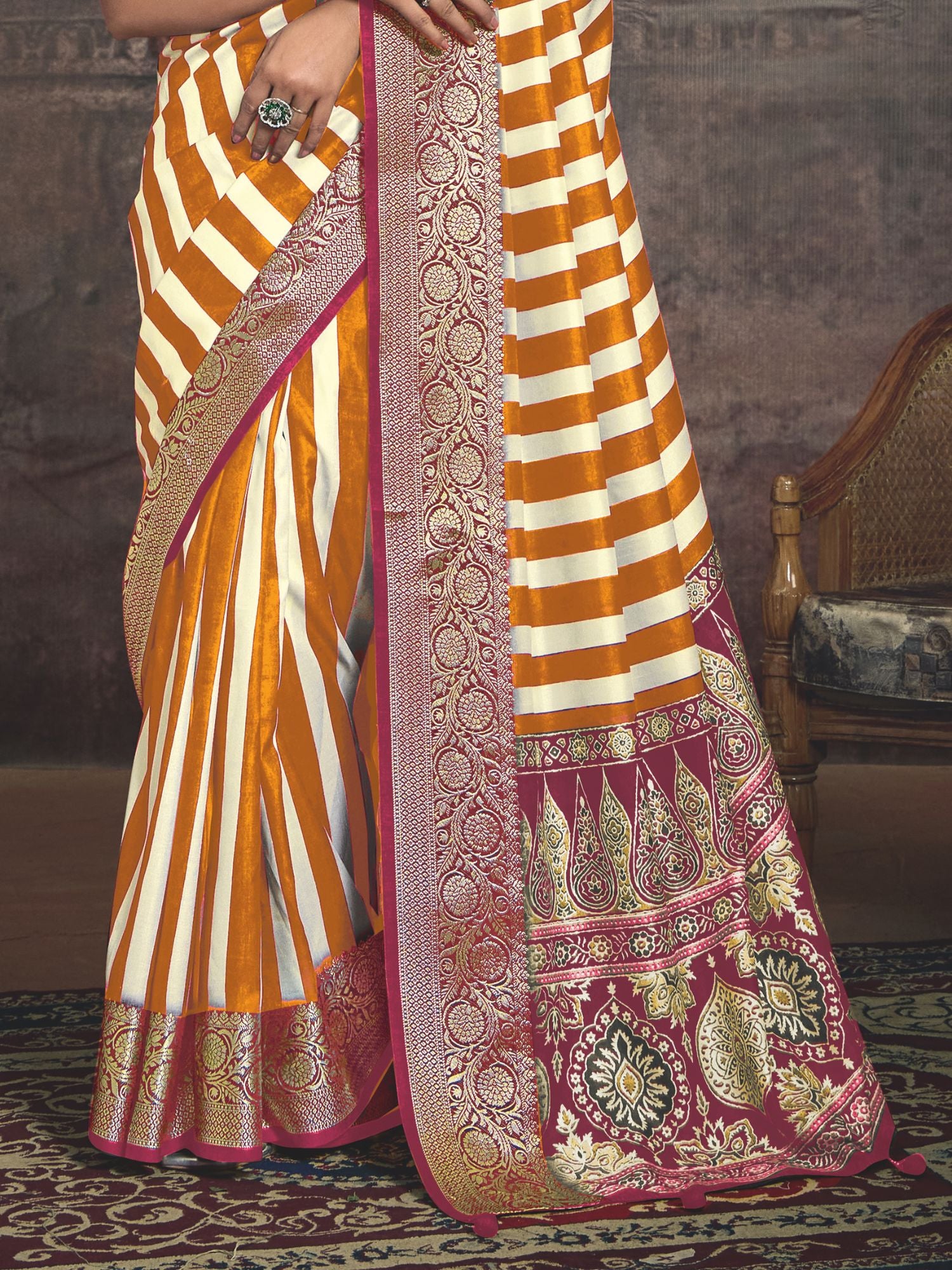 Mustard and White Art Silk Striped Saree