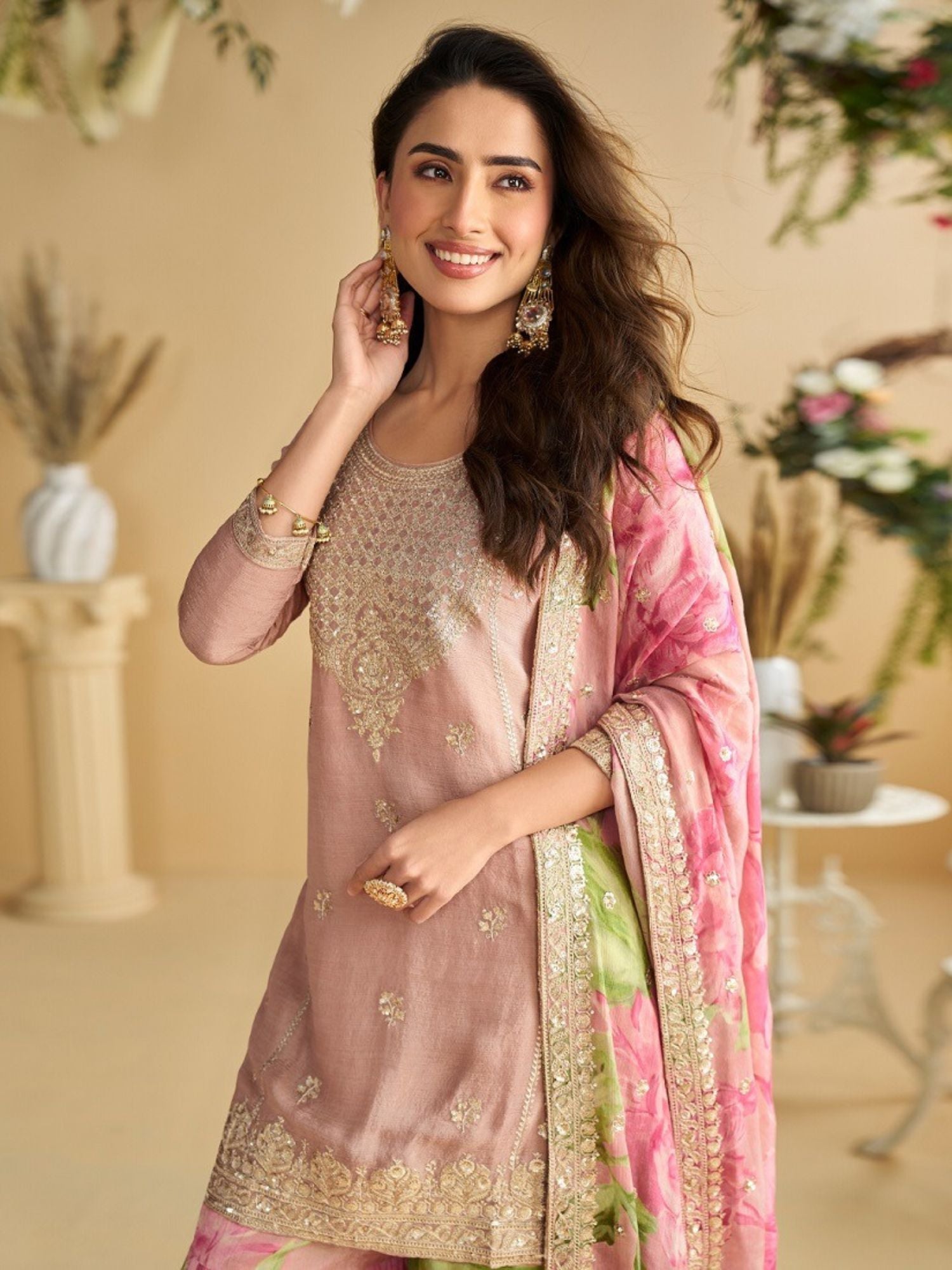 Pink Chinon Zari Embroidered Printed Sharara Suit