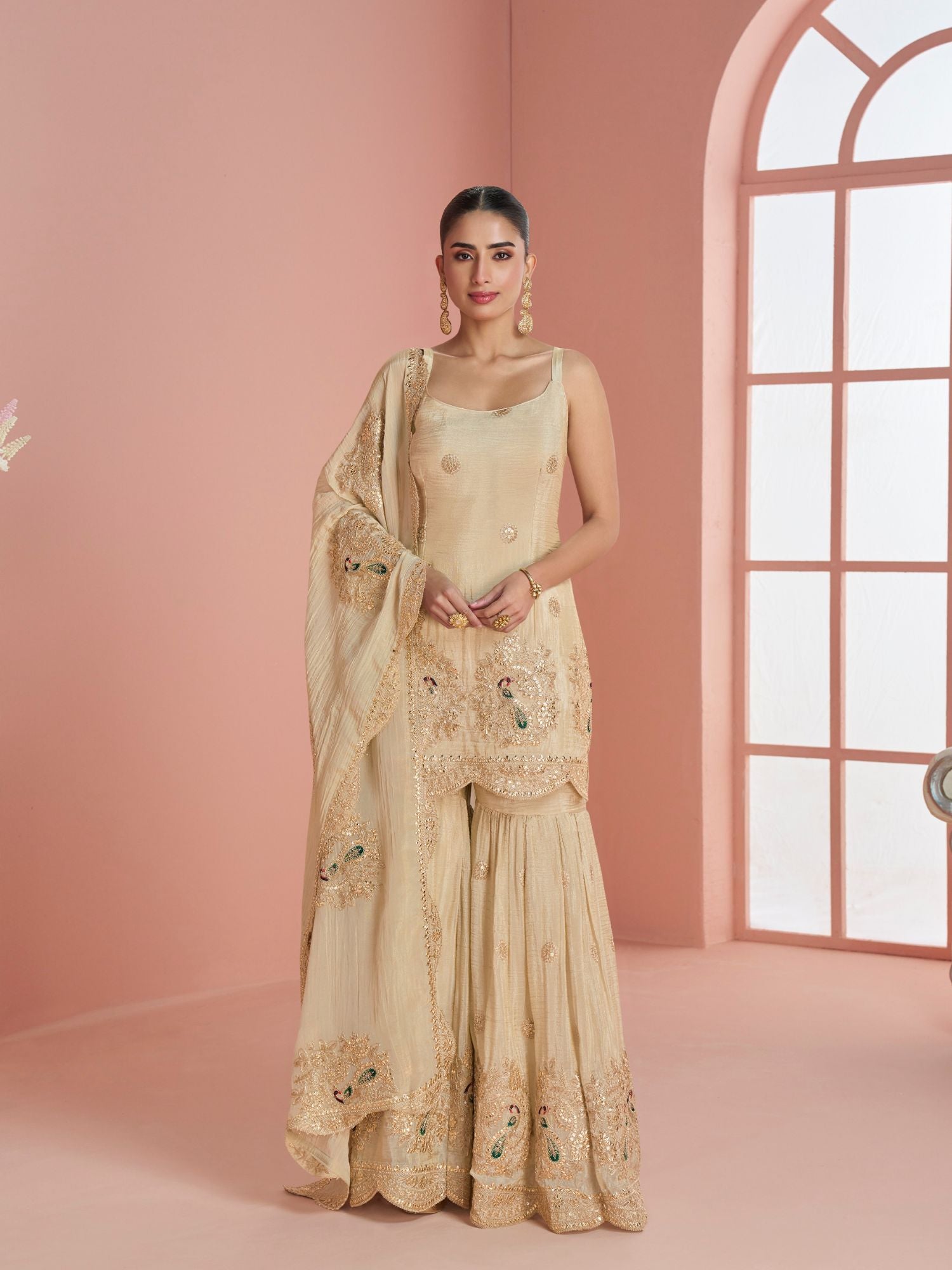 Beige Art Silk Zari Gota Sharara Suit