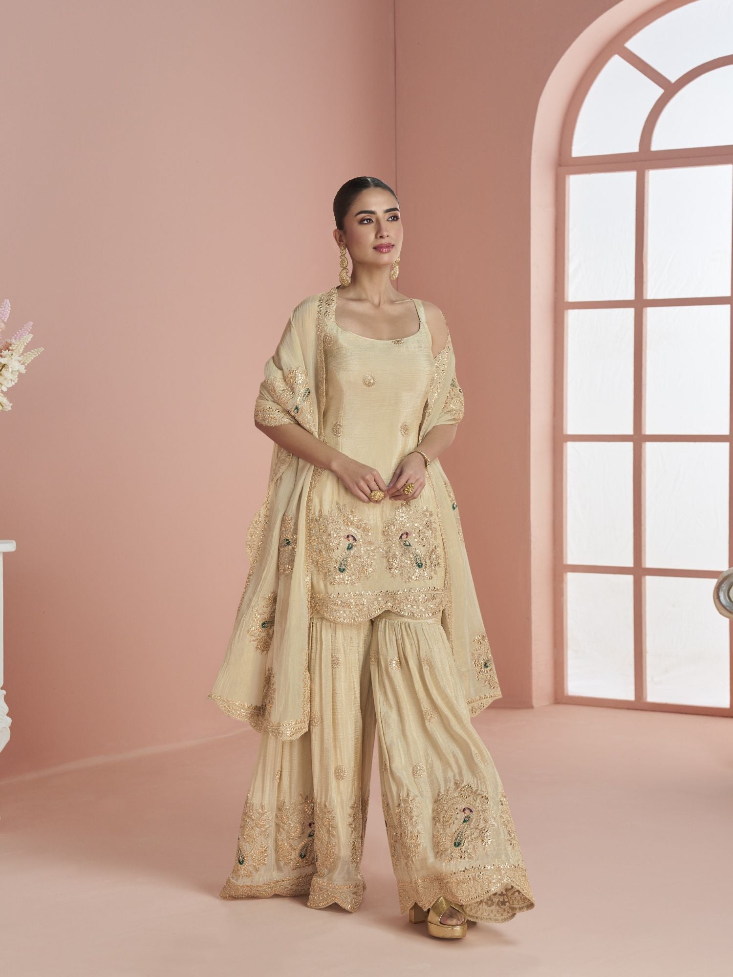 Beige Art Silk Zari Gota Sharara Suit