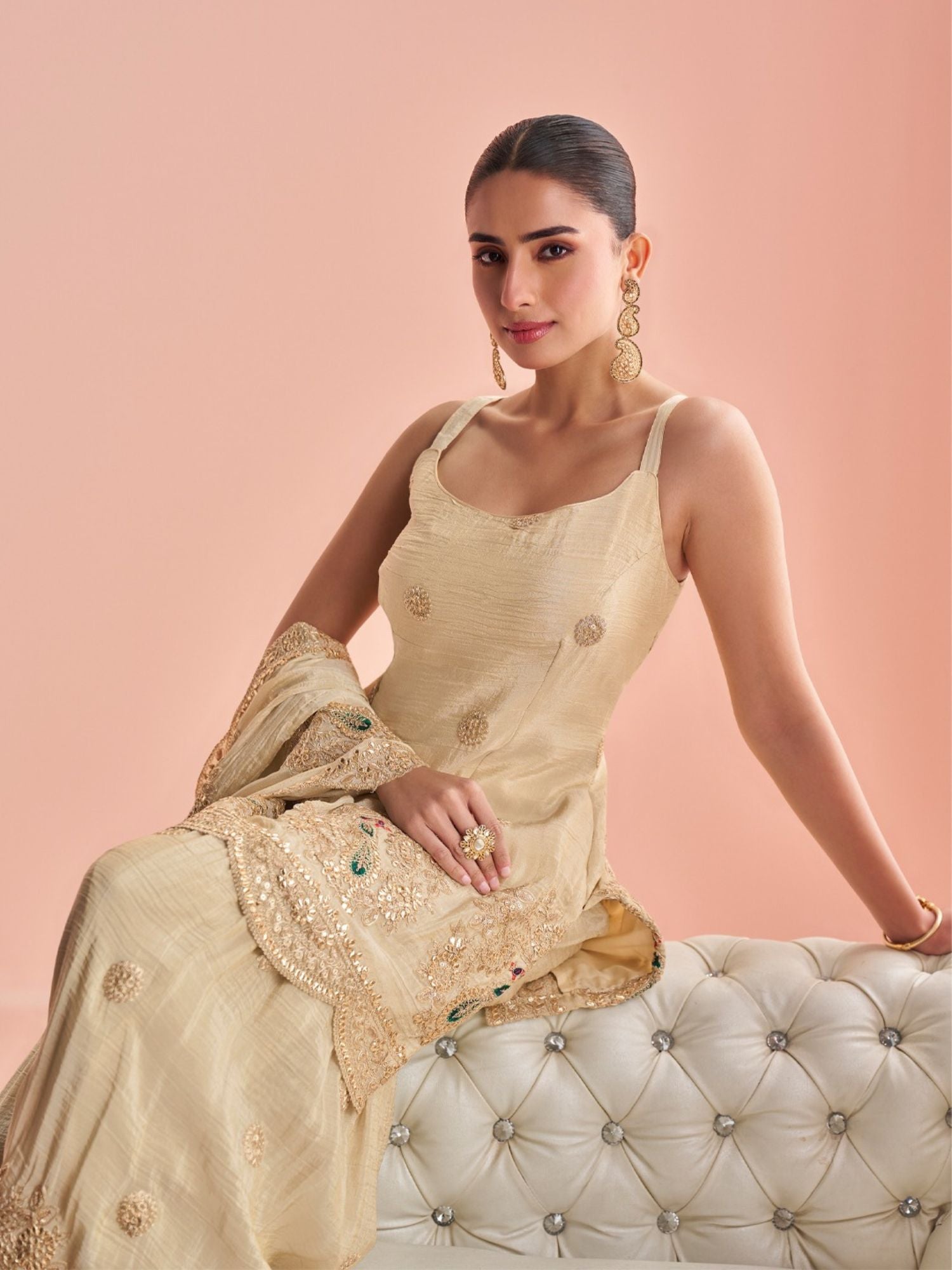 Beige Art Silk Zari Gota Sharara Suit
