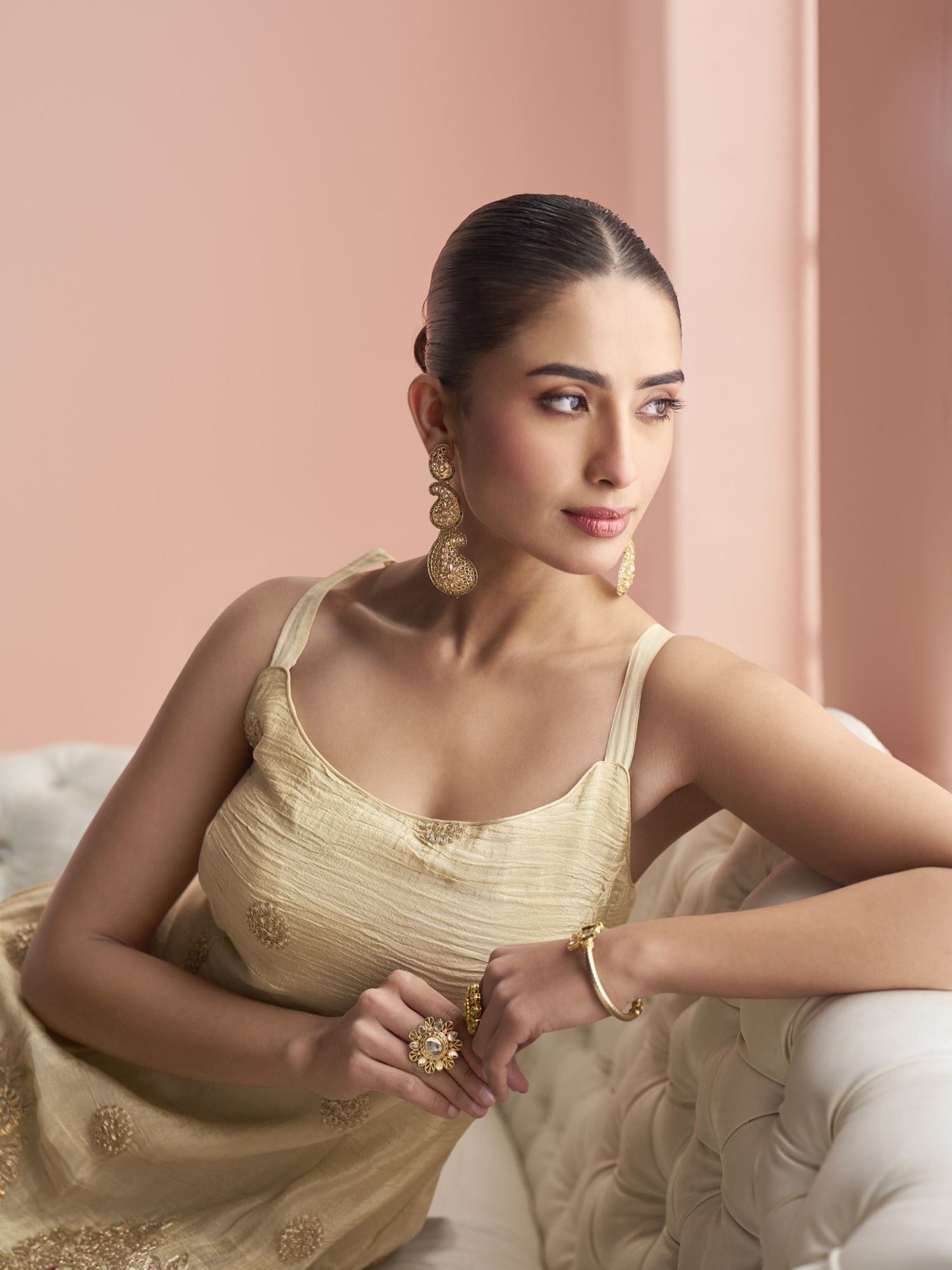 Beige Art Silk Zari Gota Sharara Suit