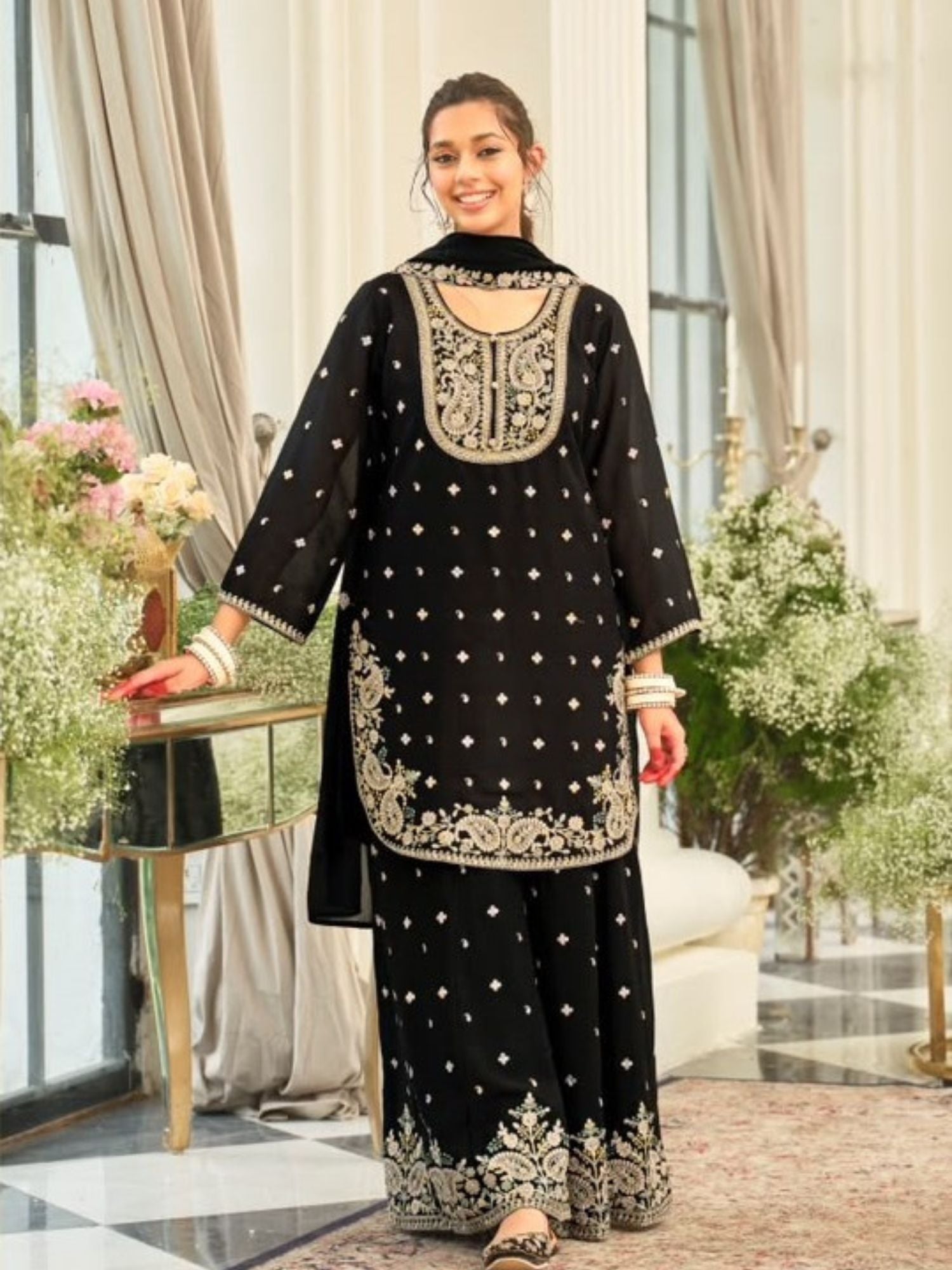 Black Embroidered Palazzo Suit Set with Dupatta for Women
