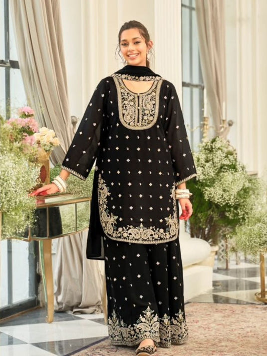 Black Embroidered Palazzo Suit Set with Dupatta for Women