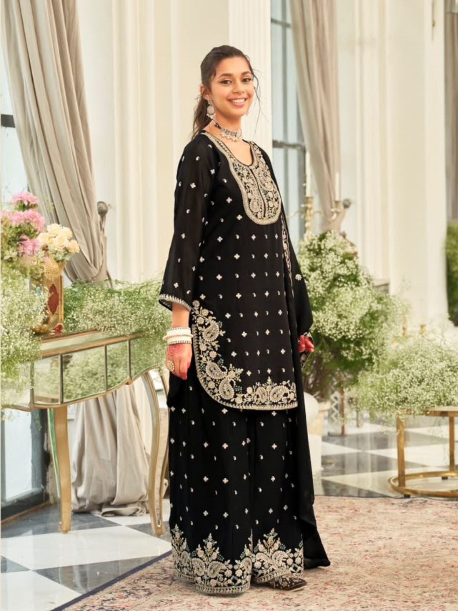 Black Embroidered Palazzo Suit Set with Dupatta for Women