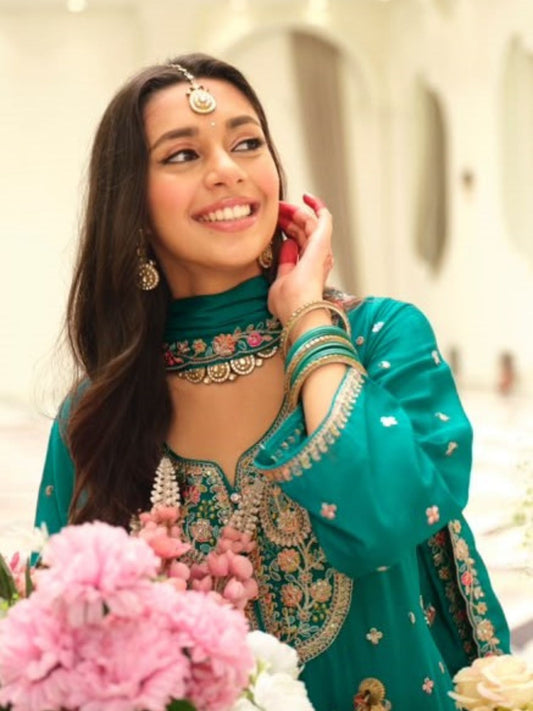 Teal Green Embroidered Readymade Suit Set with Palazzo & Dupatta