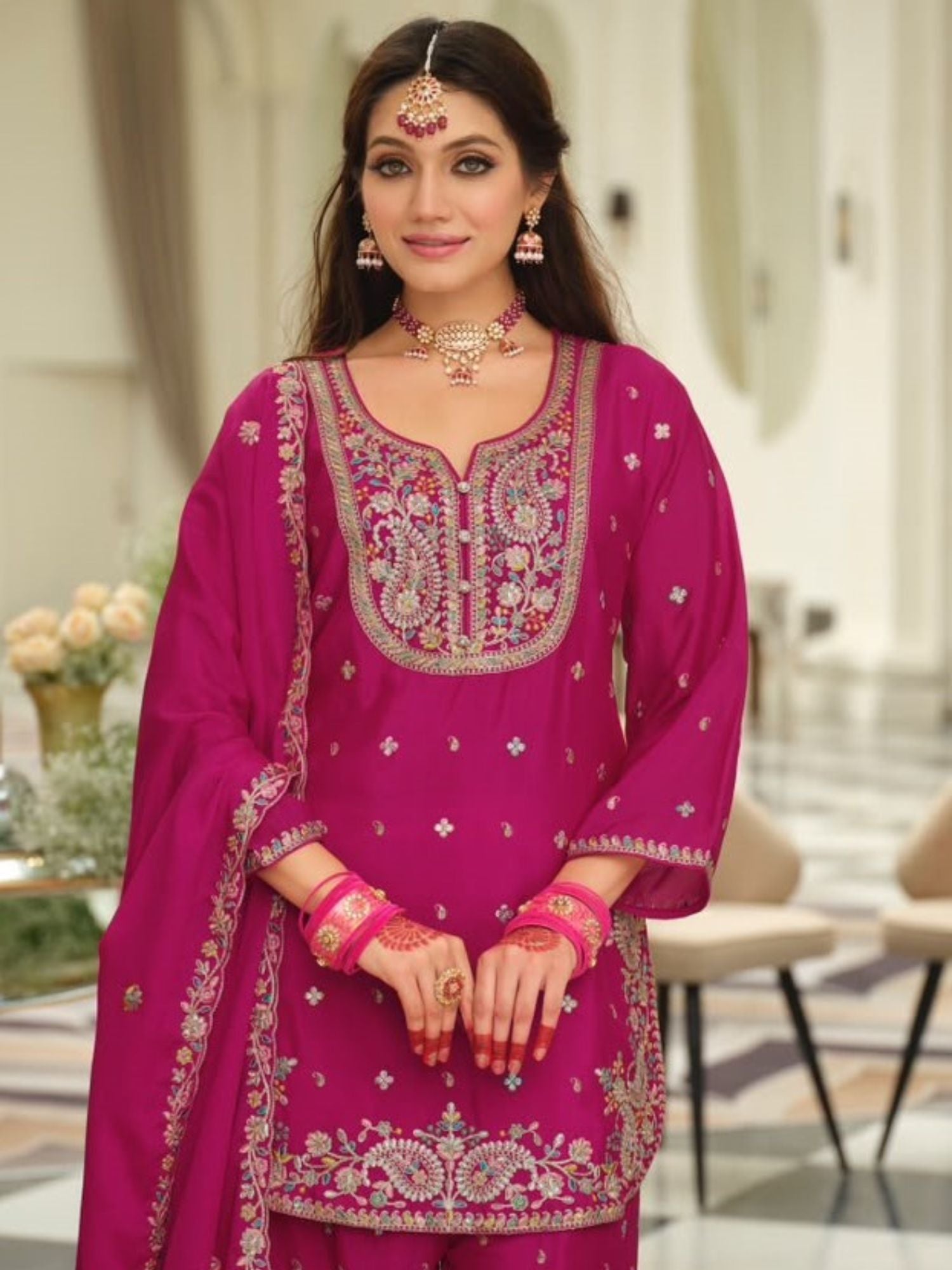 Pink Embroidered Palazzo Kurta Set in Chinon